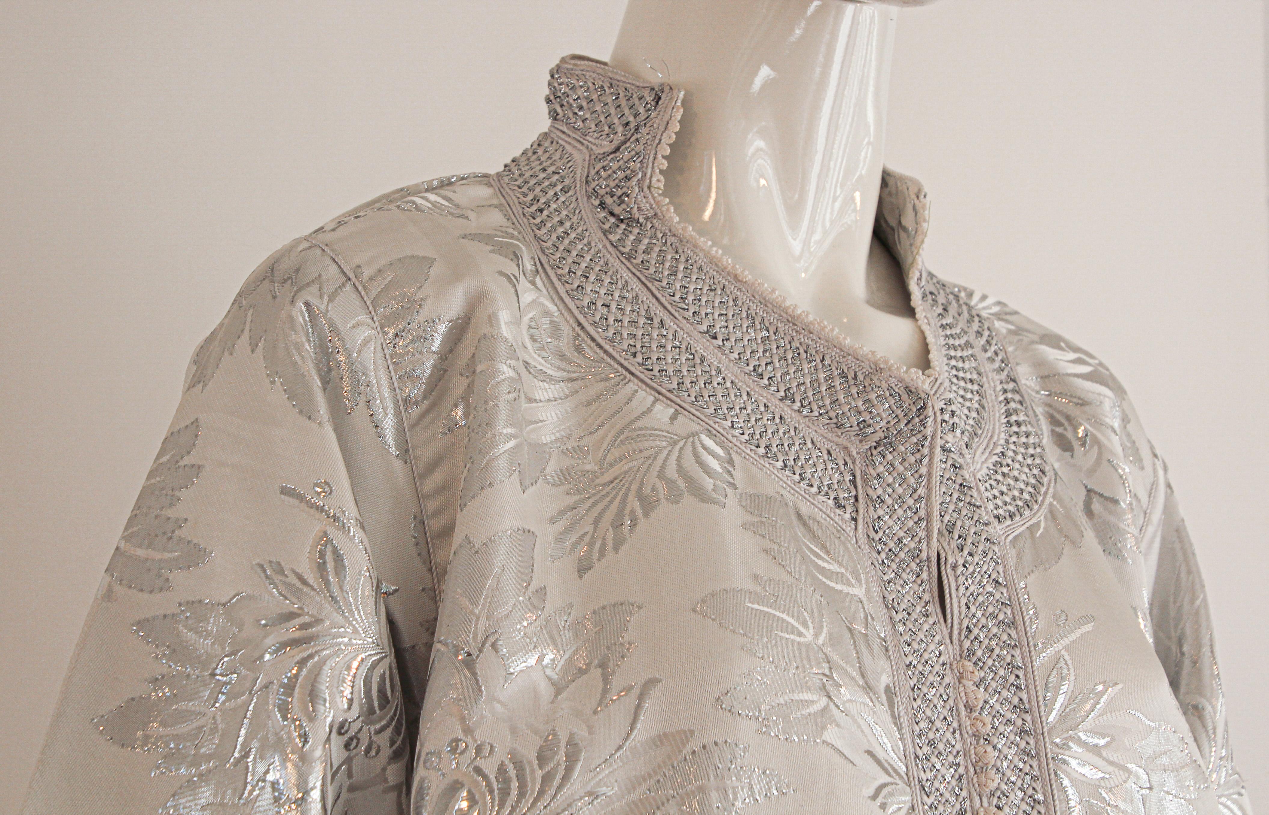 Women's or Men's Moroccan Caftan Silver Damask Embroidered, Vintage, 1960s