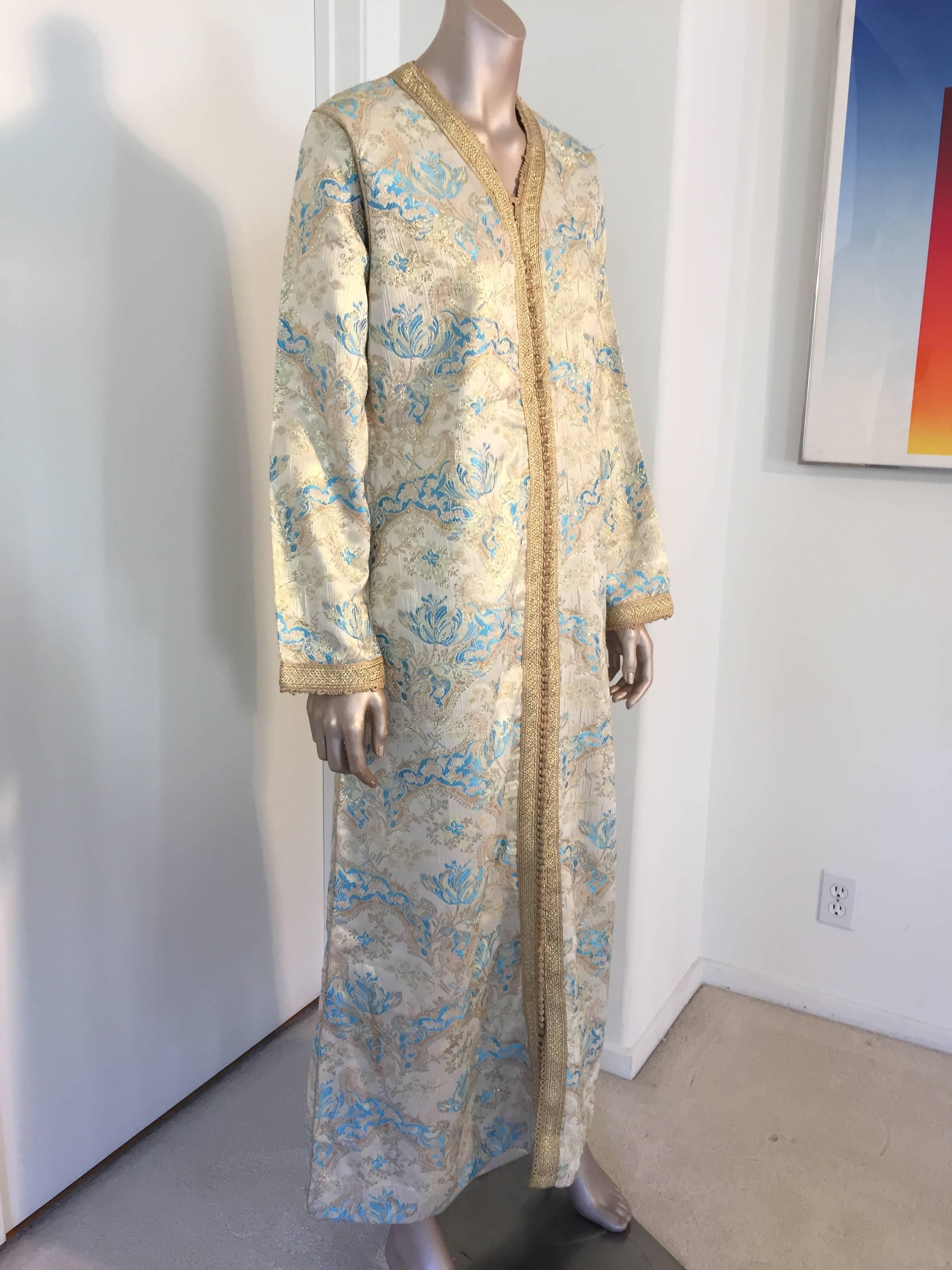 Brown Moroccan Caftan, Turquoise and Gold Brocade Kaftan Size Medium For Sale