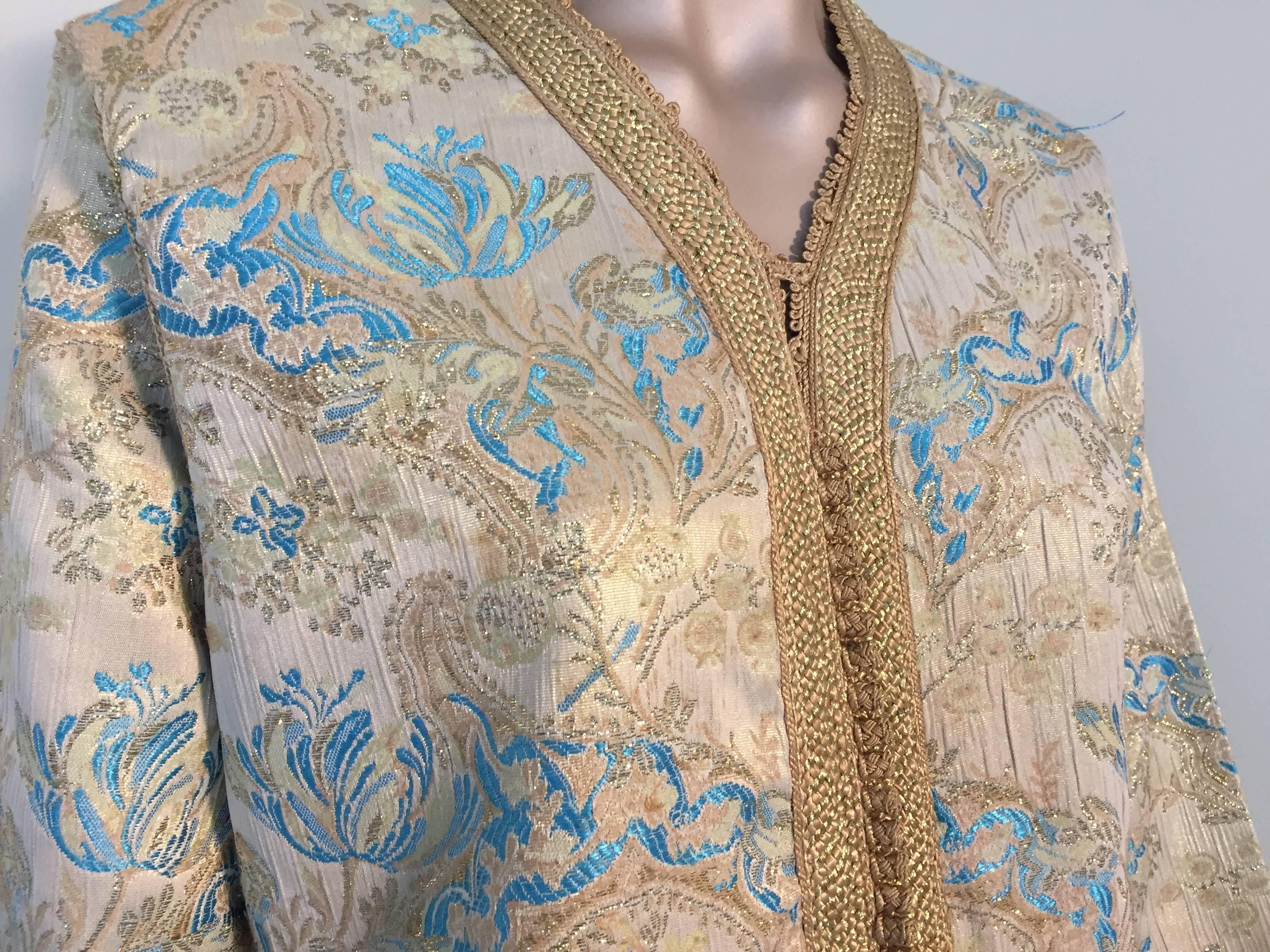Femenino o masculino Caftán marroquí, caftán de brocado turquesa y dorado Talla mediana en venta