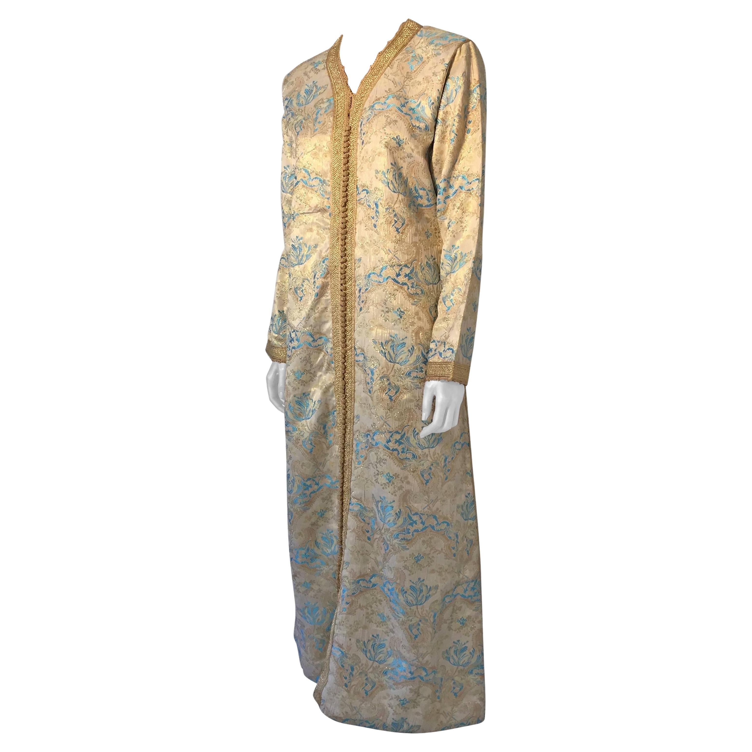 Moroccan Caftan, Turquoise and Gold Brocade Kaftan Size Medium For Sale