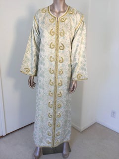 Moroccan Caftan, White Floral Brocade Kaftan Embroidered with Gold Threads