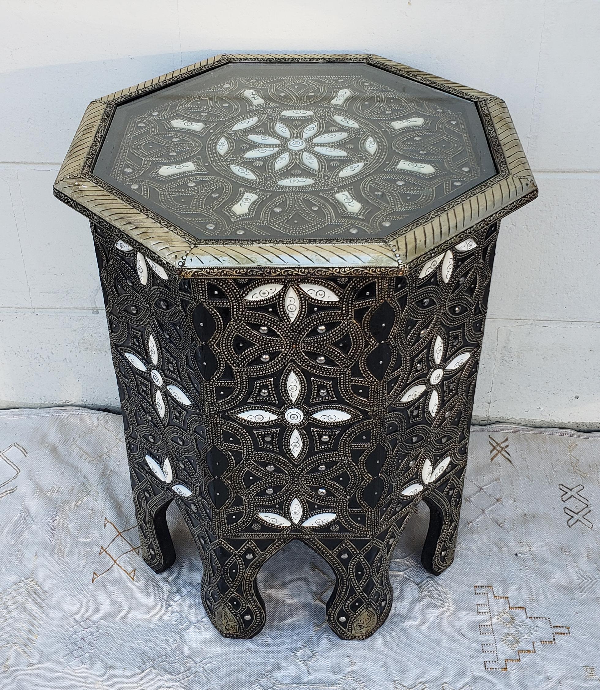 Moroccan Camel Bone and Metal Inlay End Table, New Pattern For Sale 1
