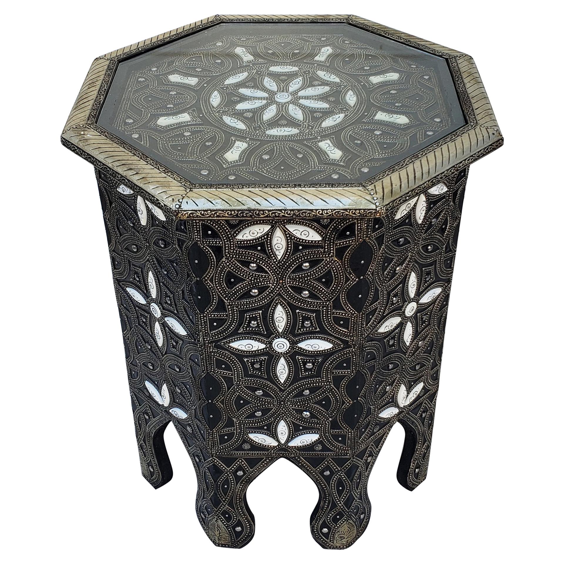 Moroccan Camel Bone and Metal Inlay End Table, New Pattern For Sale
