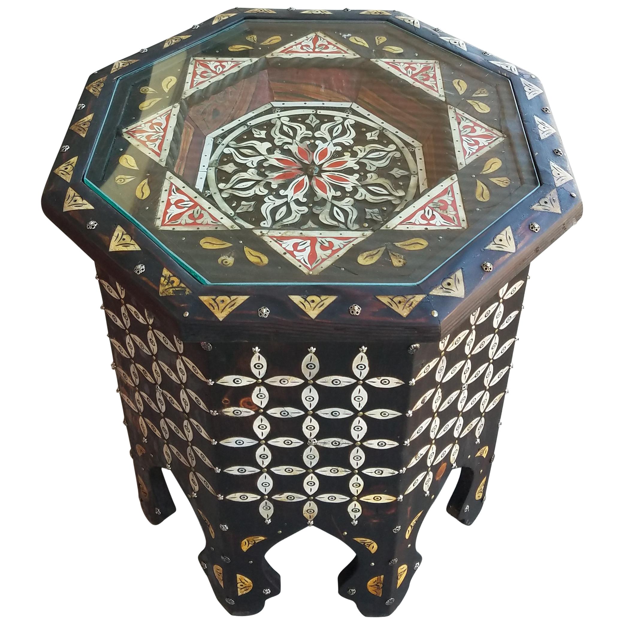 Moroccan Camel Bone and Metal Inlay End Table, Red Touch For Sale