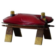 Moroccan Camel Saddle Stool, Stained Wood, Brass and Leather, North Africa, 1980