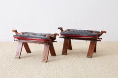 Moroccan Camel Saddle Stools with Tufted Leather Cushions