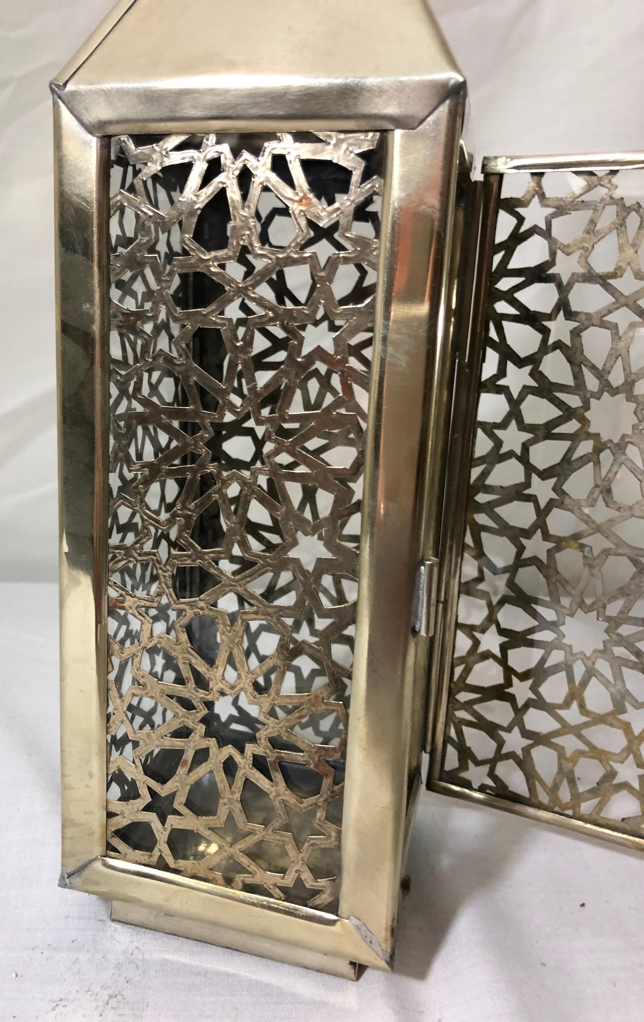 Moroccan Candle Lantern, Holder, White Brass in Arabesque Design, Set of Three 2