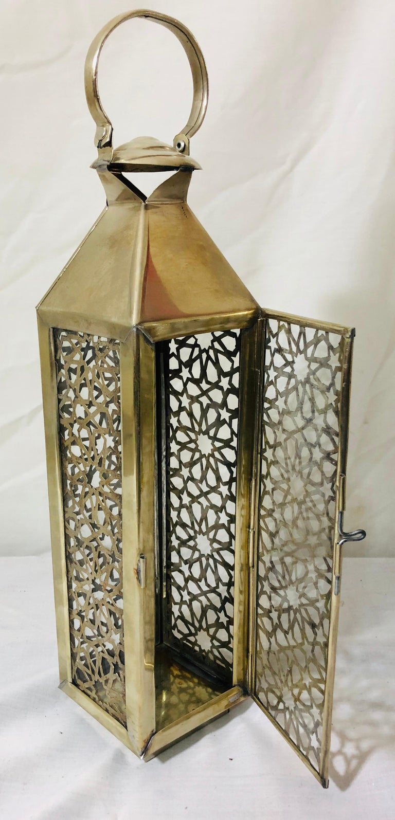 Moroccan Candle Lantern, Holder, White Brass in Arabesque Design, Set
