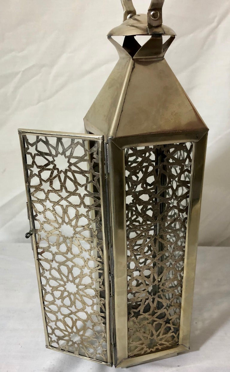 Moroccan Candle Lantern, Holder, White Brass in Arabesque Design, Set