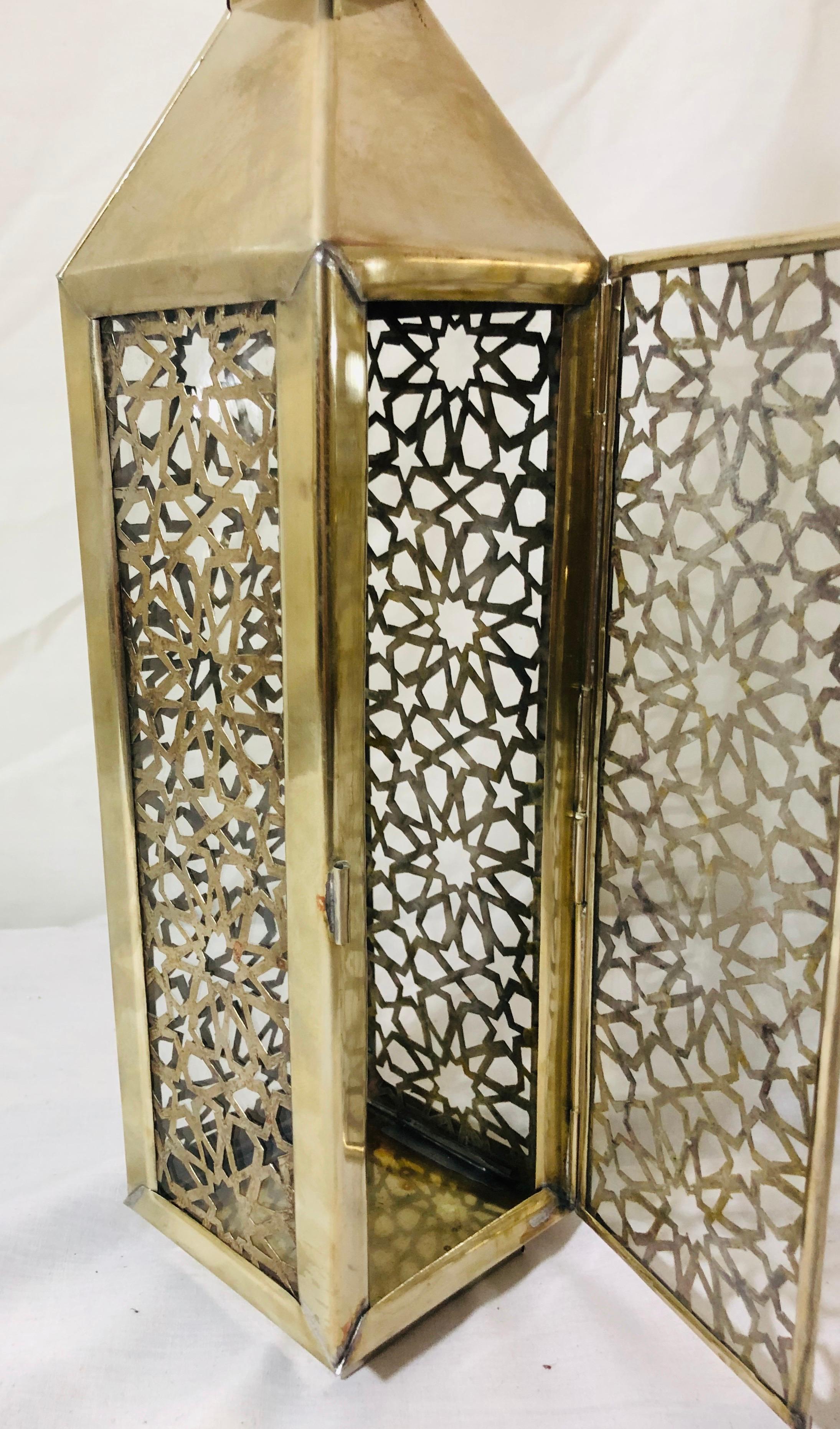 Moroccan Candle Lantern, Holder, White Brass in Arabesque Design, Set of Three 7