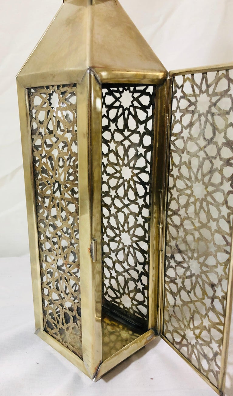 Moroccan Candle Lantern, Holder, White Brass in Arabesque Design, Set