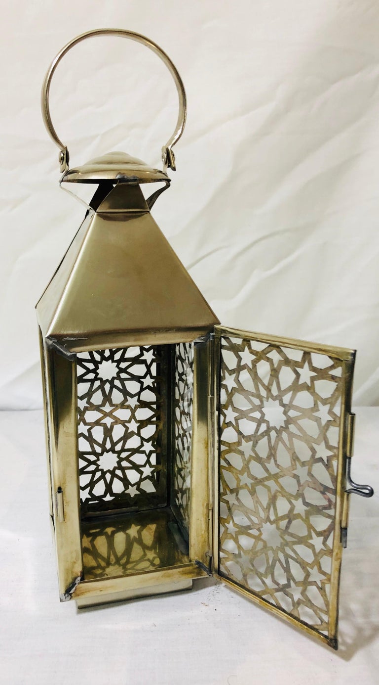 Moroccan Candle Lantern, Holder, White Brass in Arabesque Design, Set