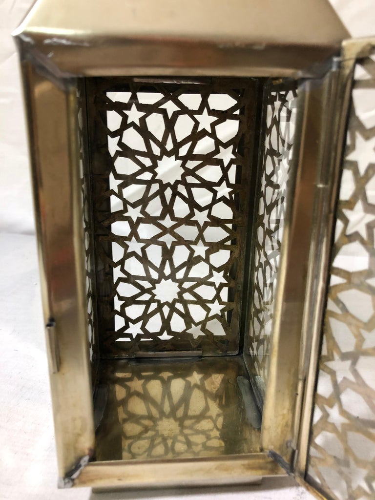 Moroccan Candle Lantern, Holder, White Brass in Arabesque Design, Set