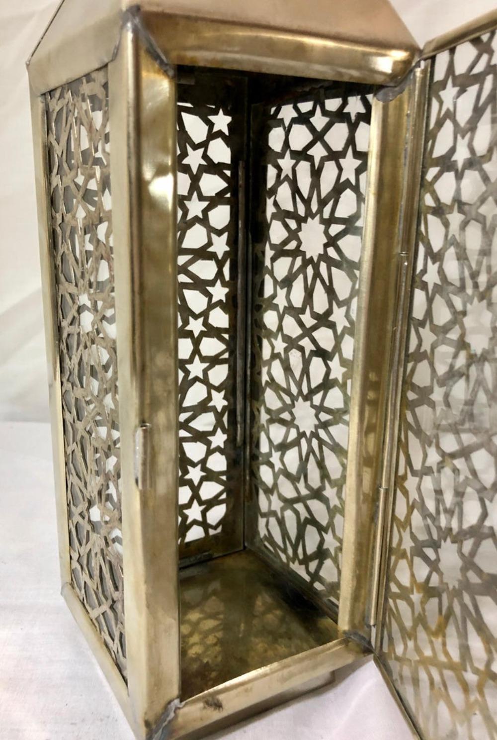 Moroccan Candle Lantern, Holder, White Brass in Arabesque Design, Set of Three In Good Condition For Sale In Plainview, NY