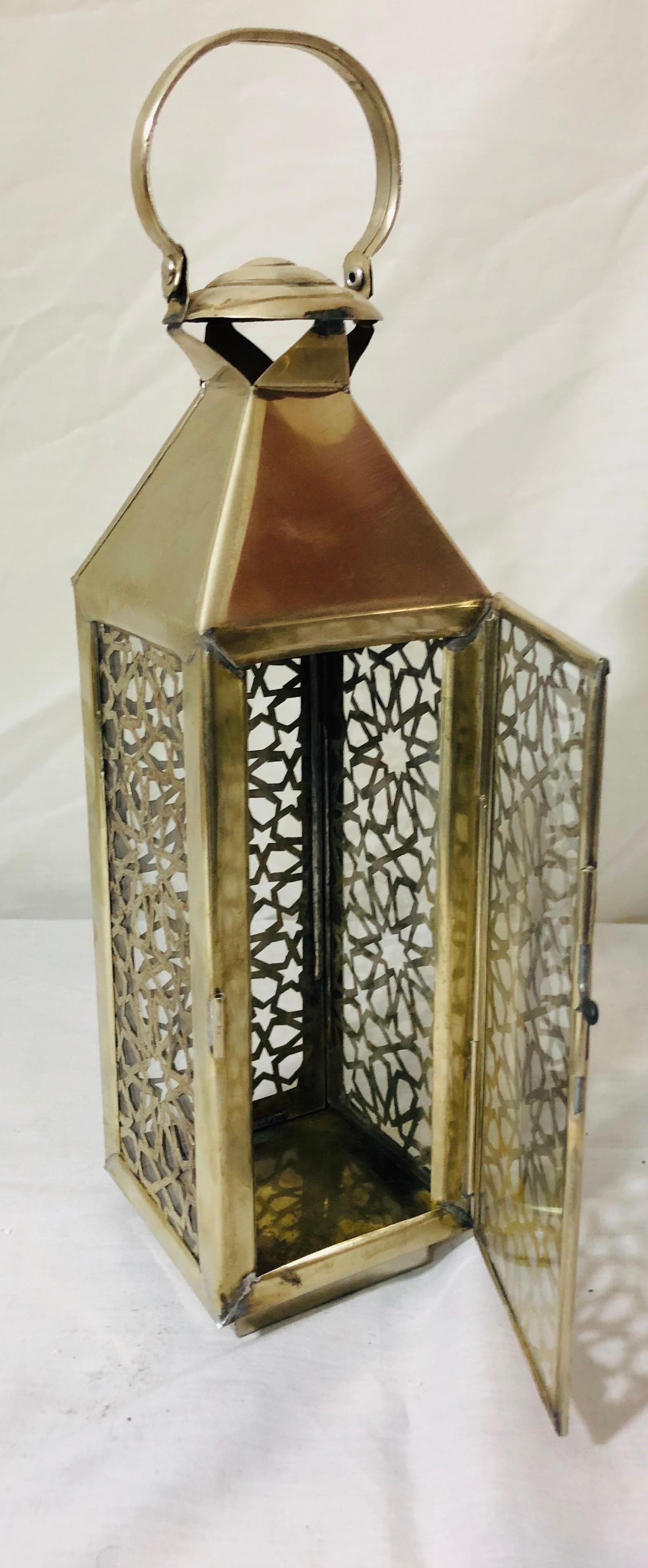 Late 20th Century Moroccan Candle Lantern, Holder, White Brass in Arabesque Design, Set of Three