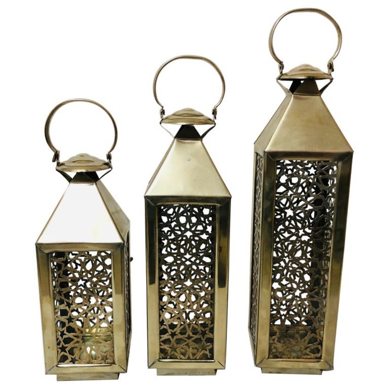 Moroccan Candle Lantern, Holder, White Brass in Arabesque Design, Set