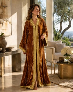 Moroccan Caramel Silk Velvet Caftan with Gold Hand Embroidery, 1960s