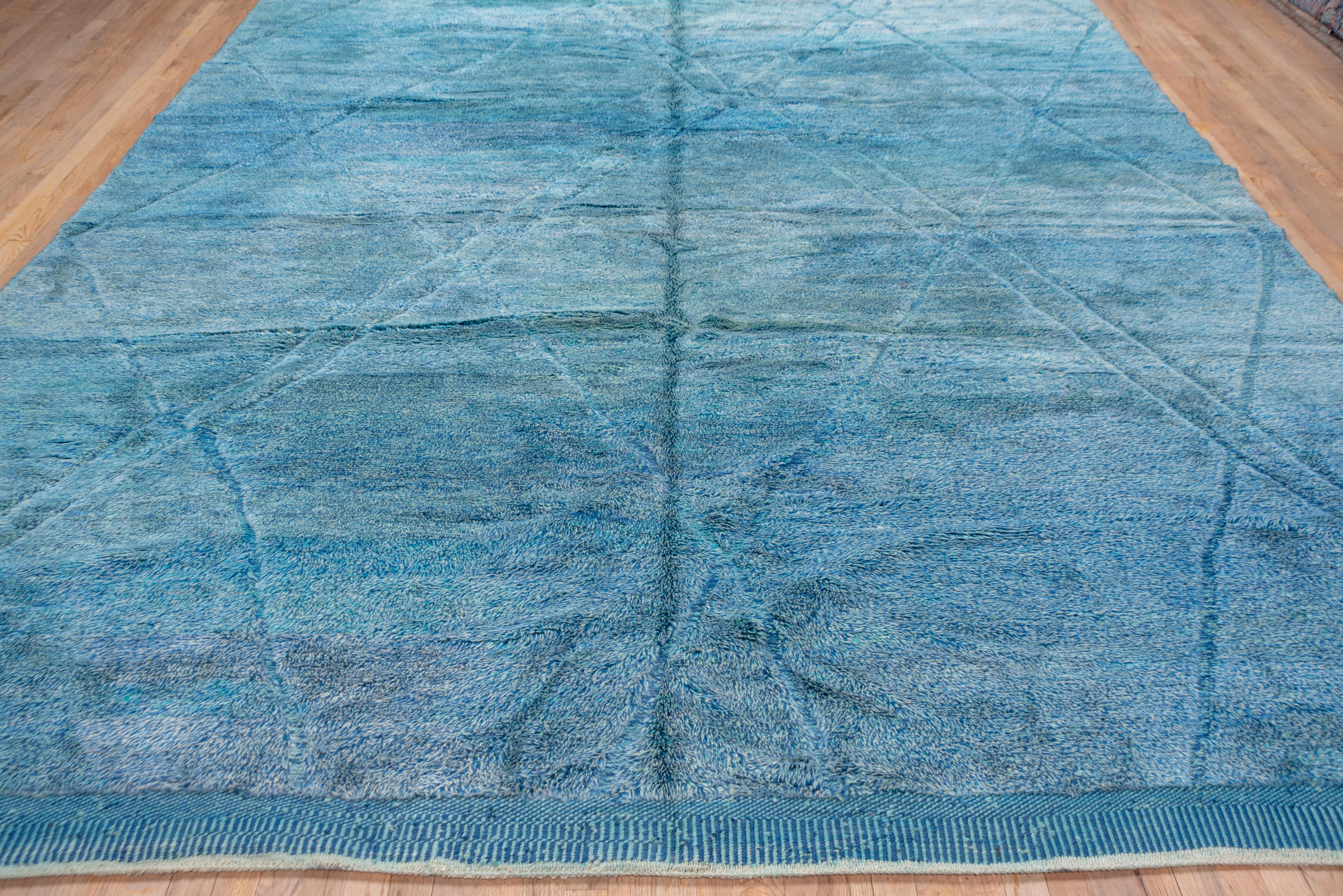 Hand-Knotted Moroccan Carpet, Teal, Turquoise, High Low Pile, Monochromatic For Sale