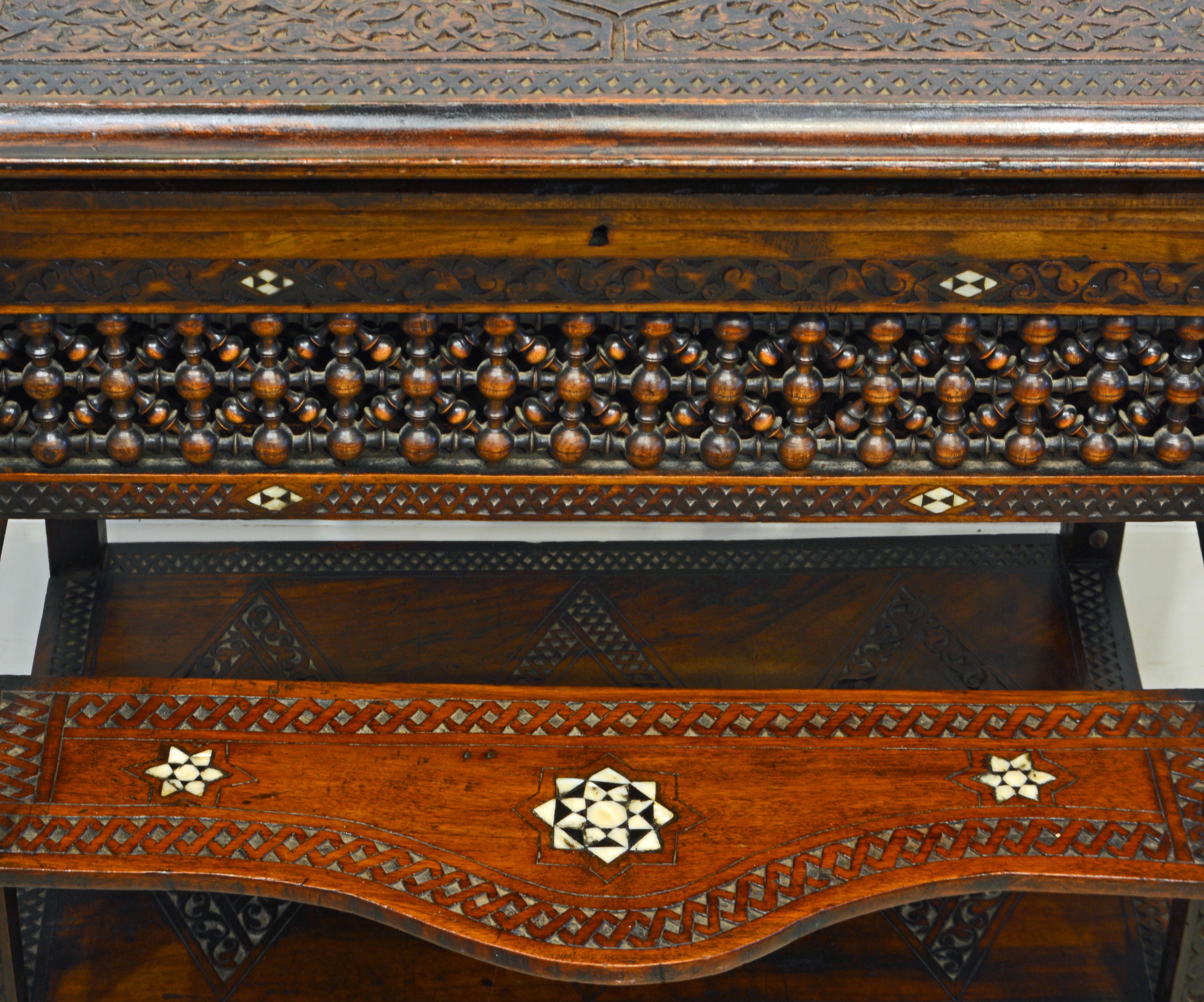 Moroccan Carved and Mother of Pearl Lift Top Inlaid Table w/ Suspended Shelves 3