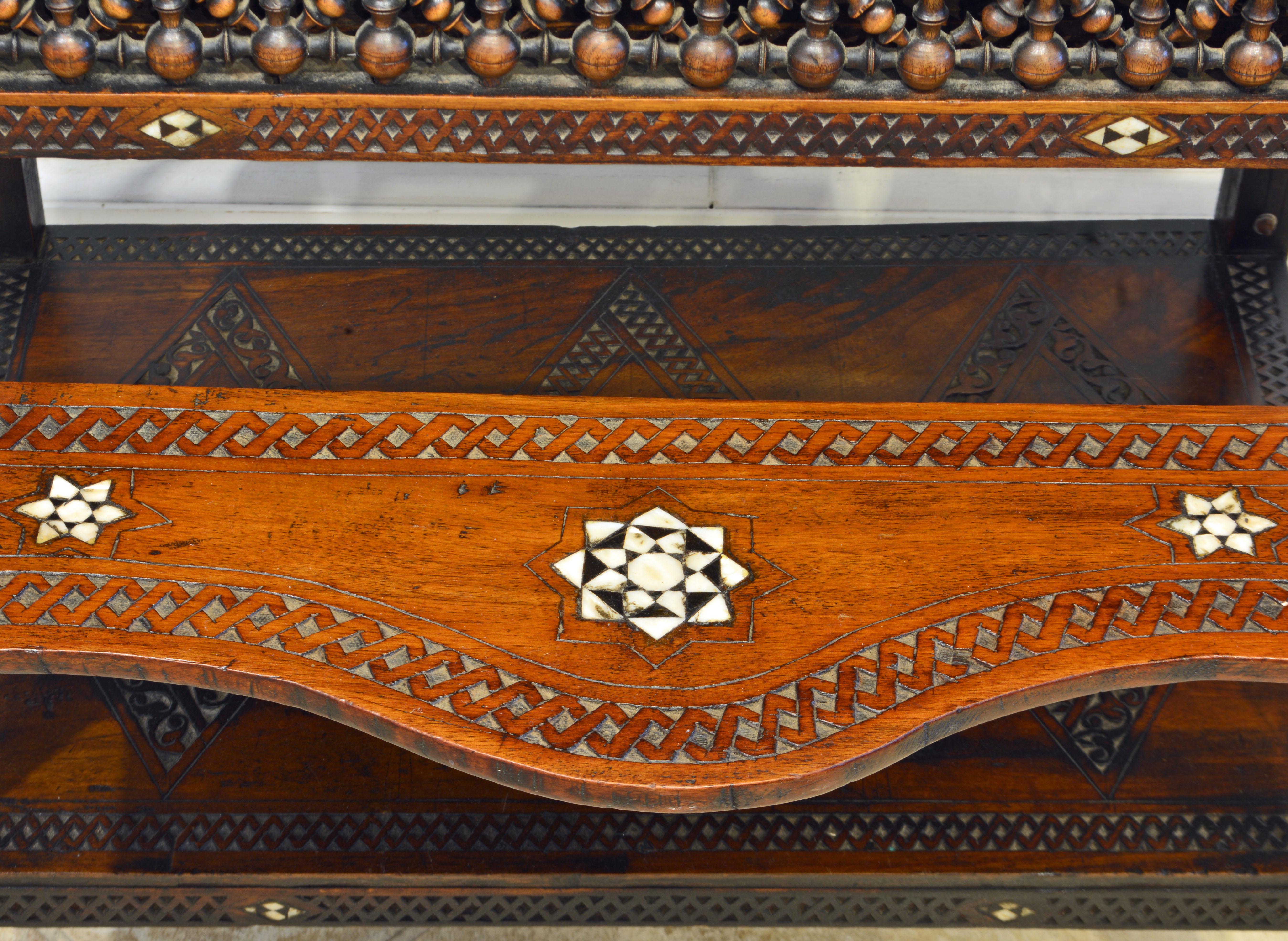 Moroccan Carved and Mother of Pearl Lift Top Inlaid Table w/ Suspended Shelves 4