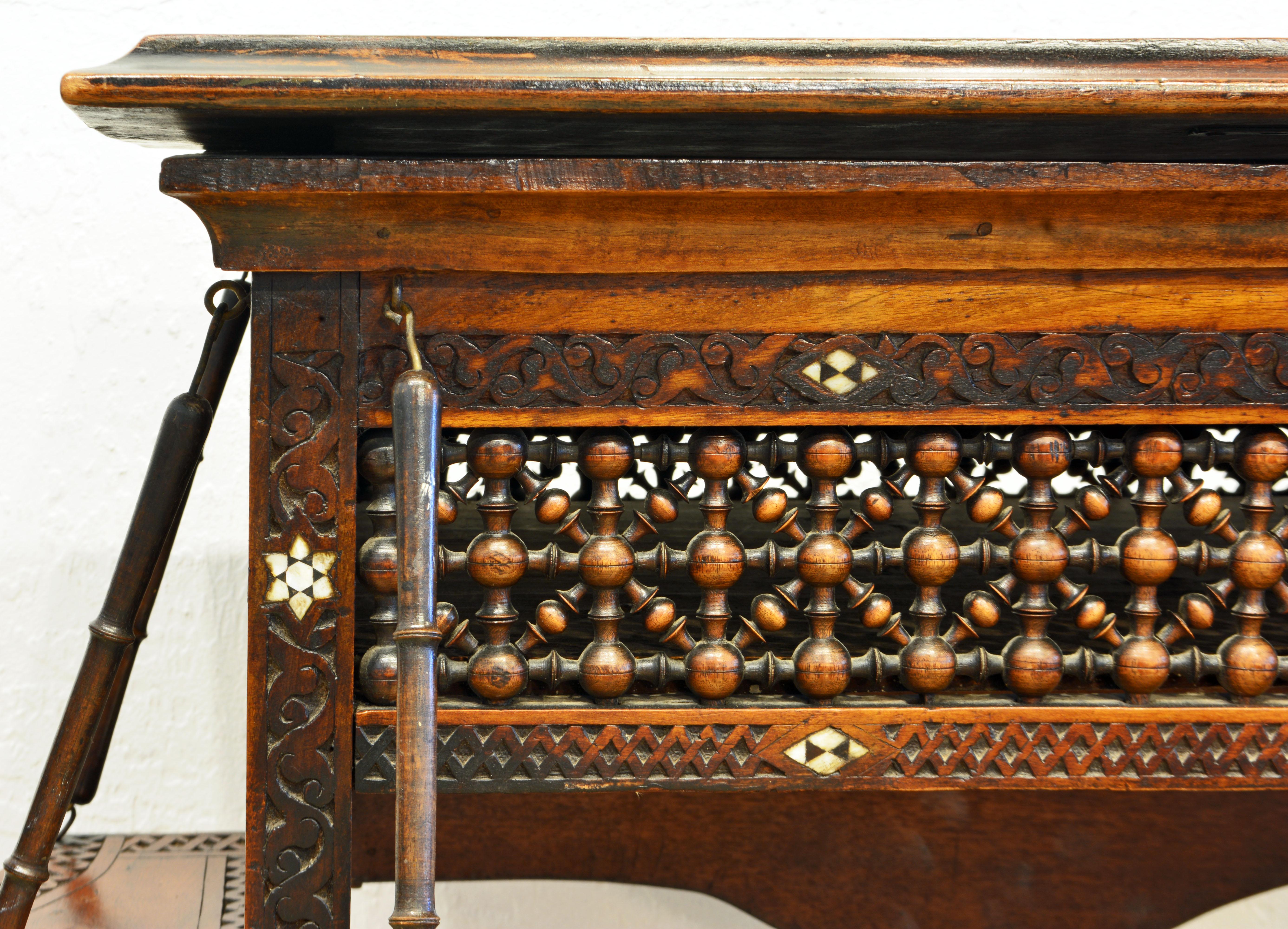 Moroccan Carved and Mother of Pearl Lift Top Inlaid Table w/ Suspended Shelves 5