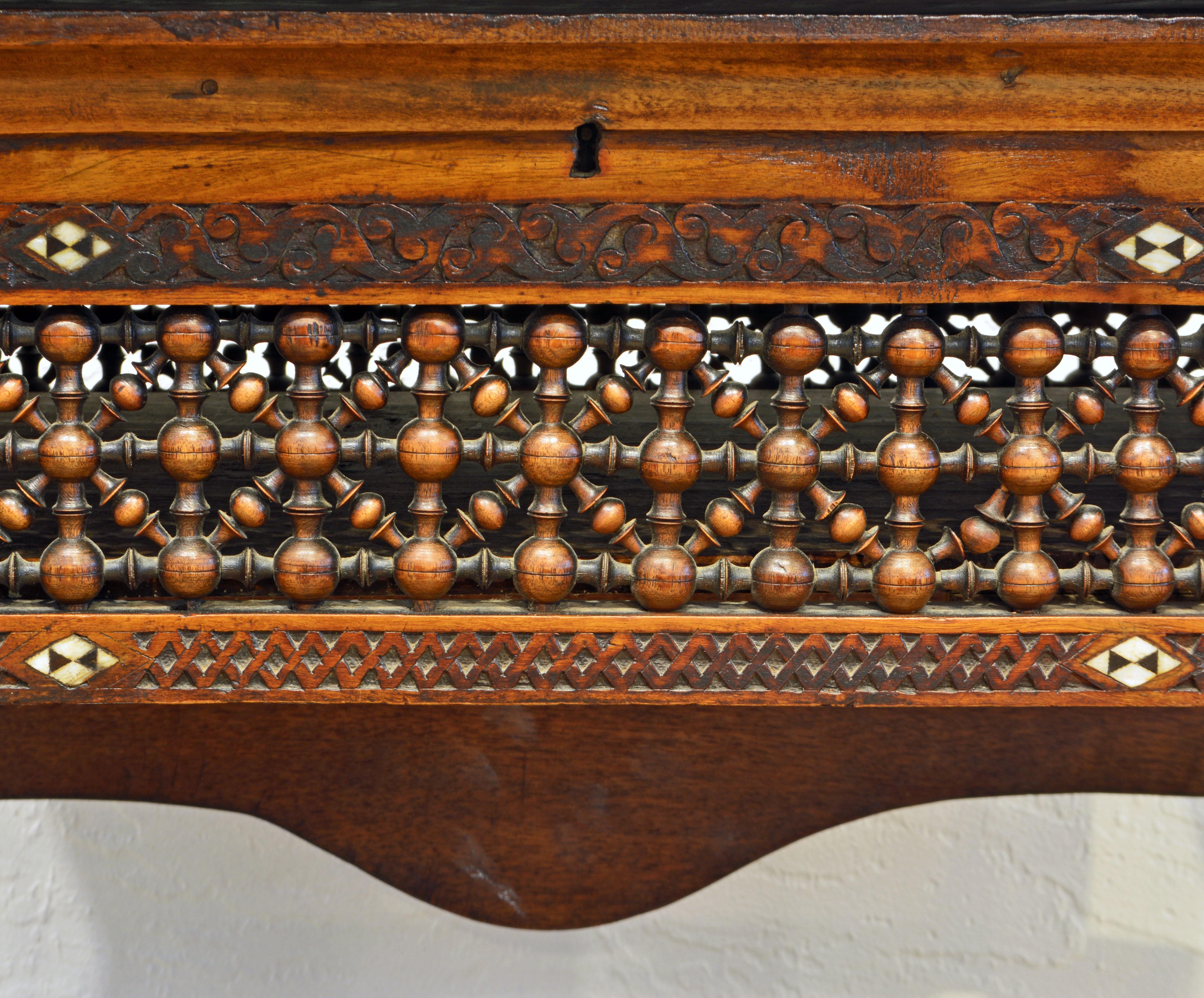 Moroccan Carved and Mother of Pearl Lift Top Inlaid Table w/ Suspended Shelves 7