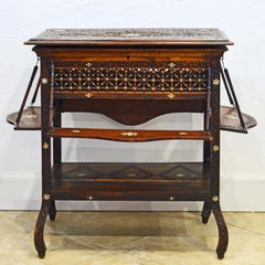 Moroccan Carved and Mother of Pearl Lift Top Inlaid Table w/ Suspended Shelves
