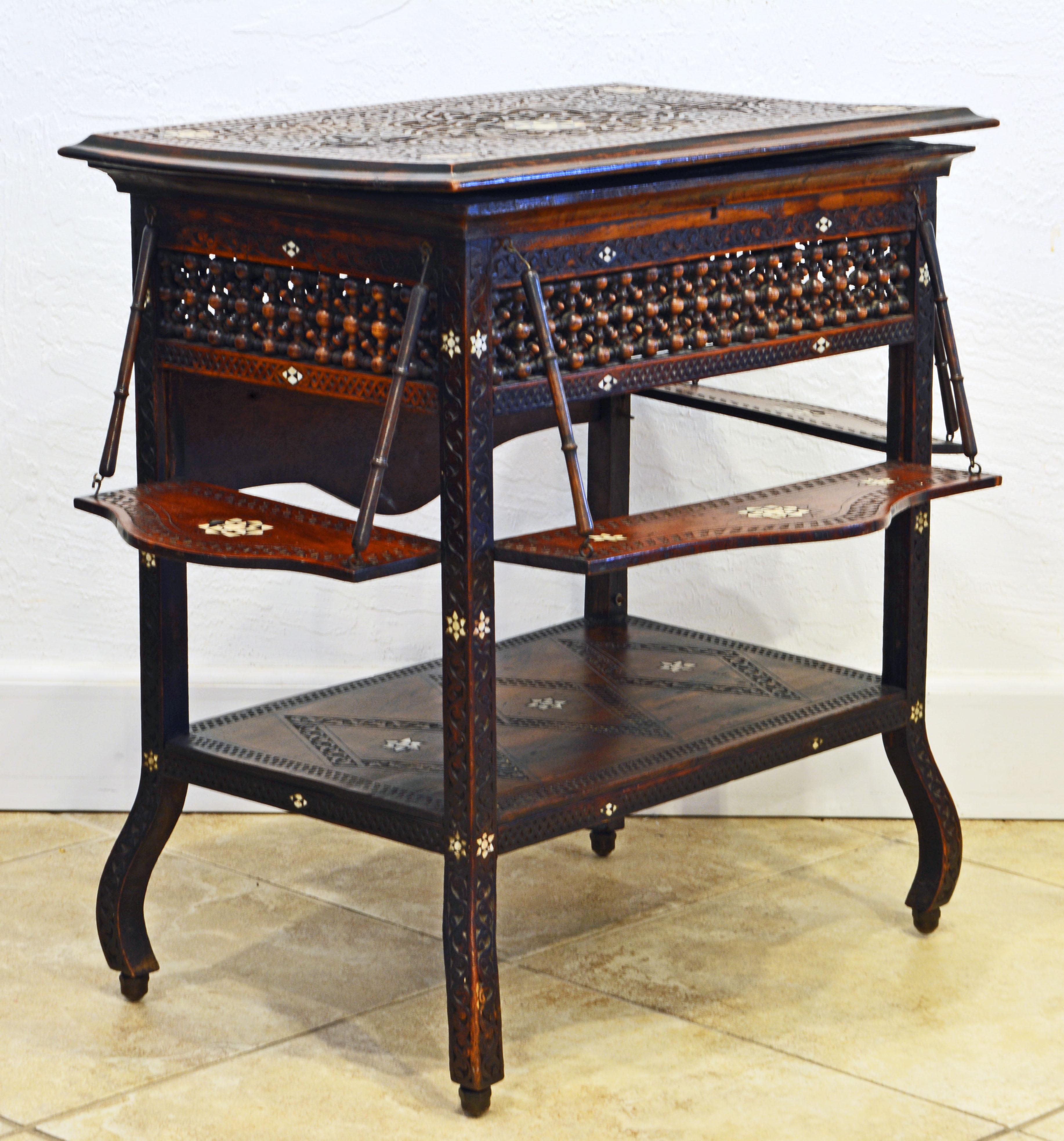 Islamic Moroccan Carved and Mother of Pearl Lift Top Inlaid Table w/ Suspended Shelves