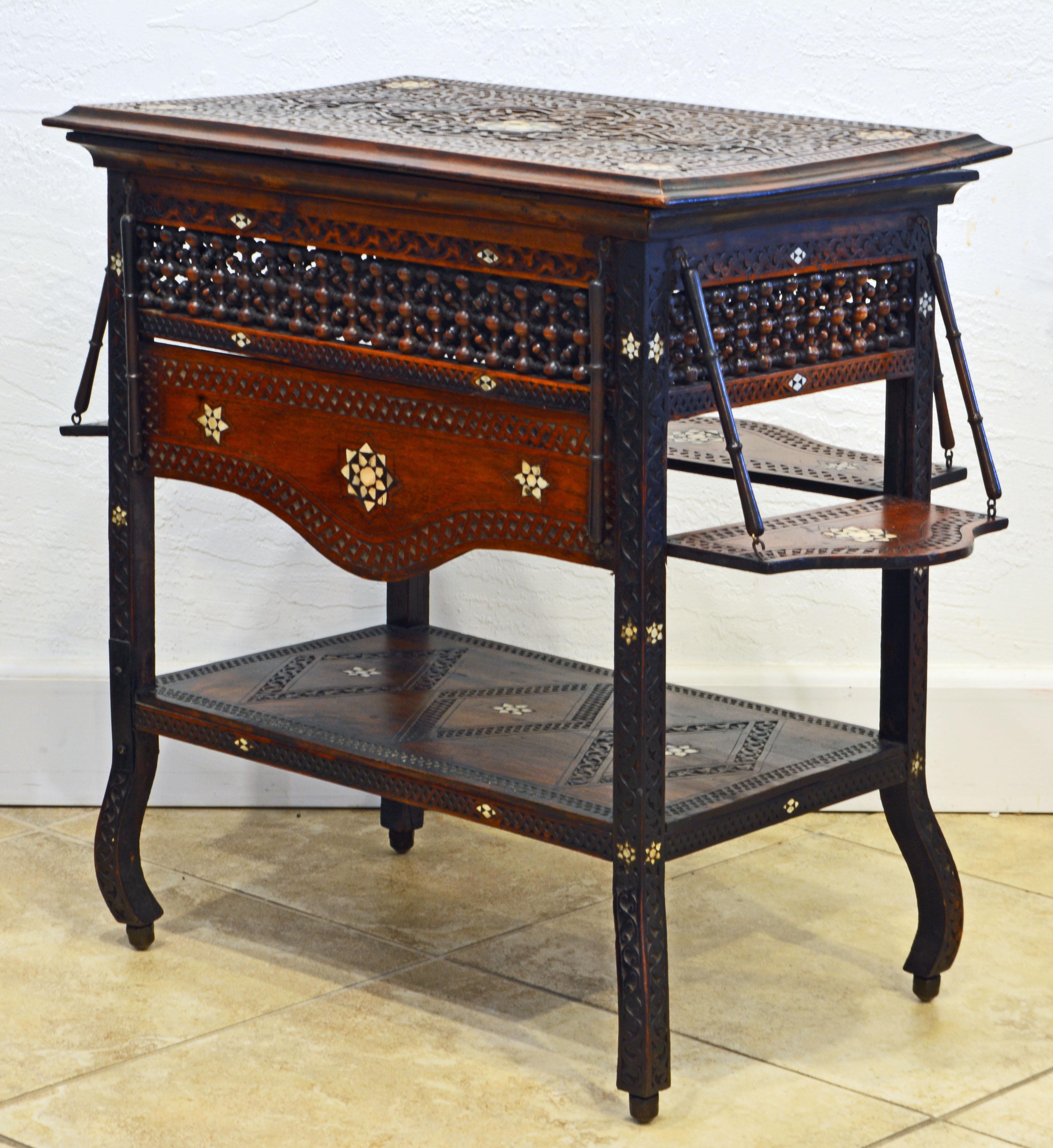Hand-Carved Moroccan Carved and Mother of Pearl Lift Top Inlaid Table w/ Suspended Shelves