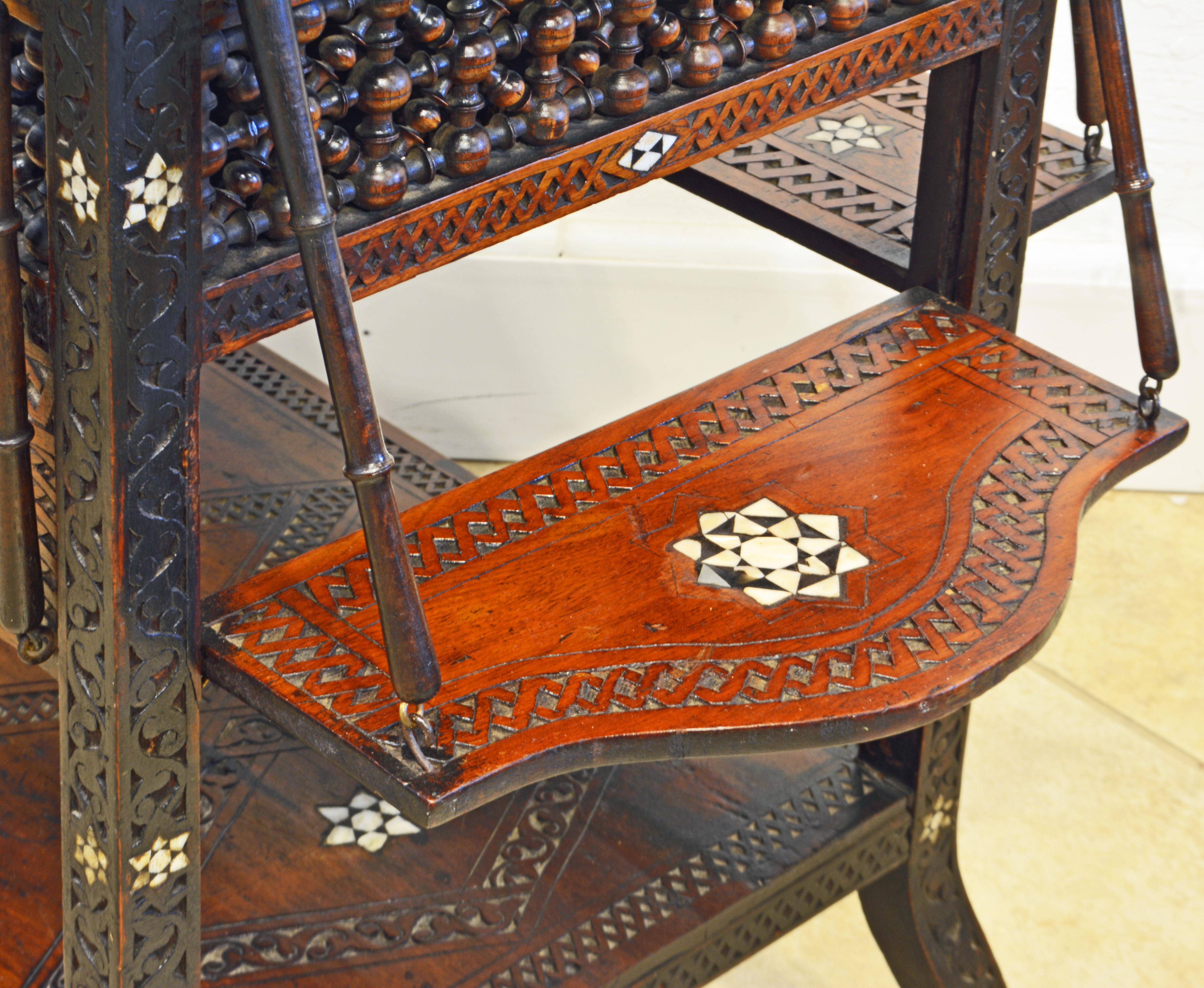Moroccan Carved and Mother of Pearl Lift Top Inlaid Table w/ Suspended Shelves In Good Condition In Ft. Lauderdale, FL