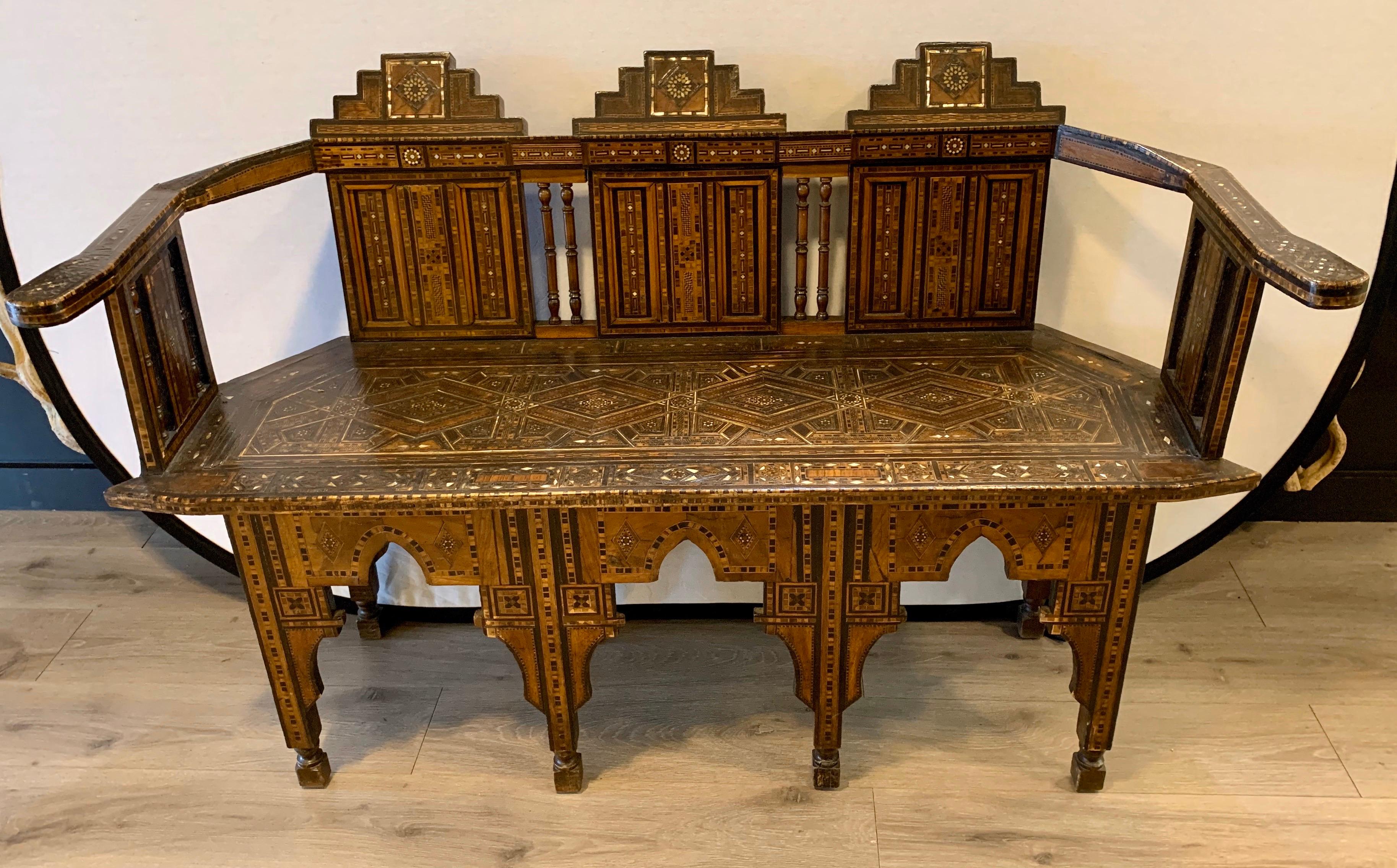 Moroccan Carved Bench Settee with Mother of Pearl Inlay 6