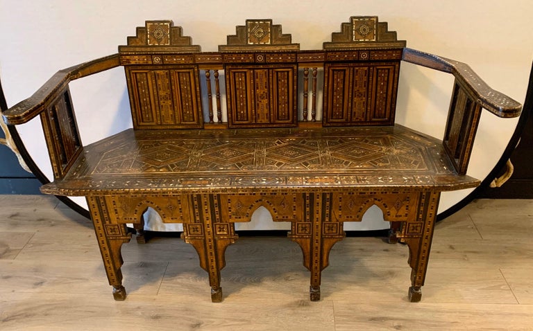 Moroccan Carved Bench Settee with Mother of Pearl Inlay For Sale 6