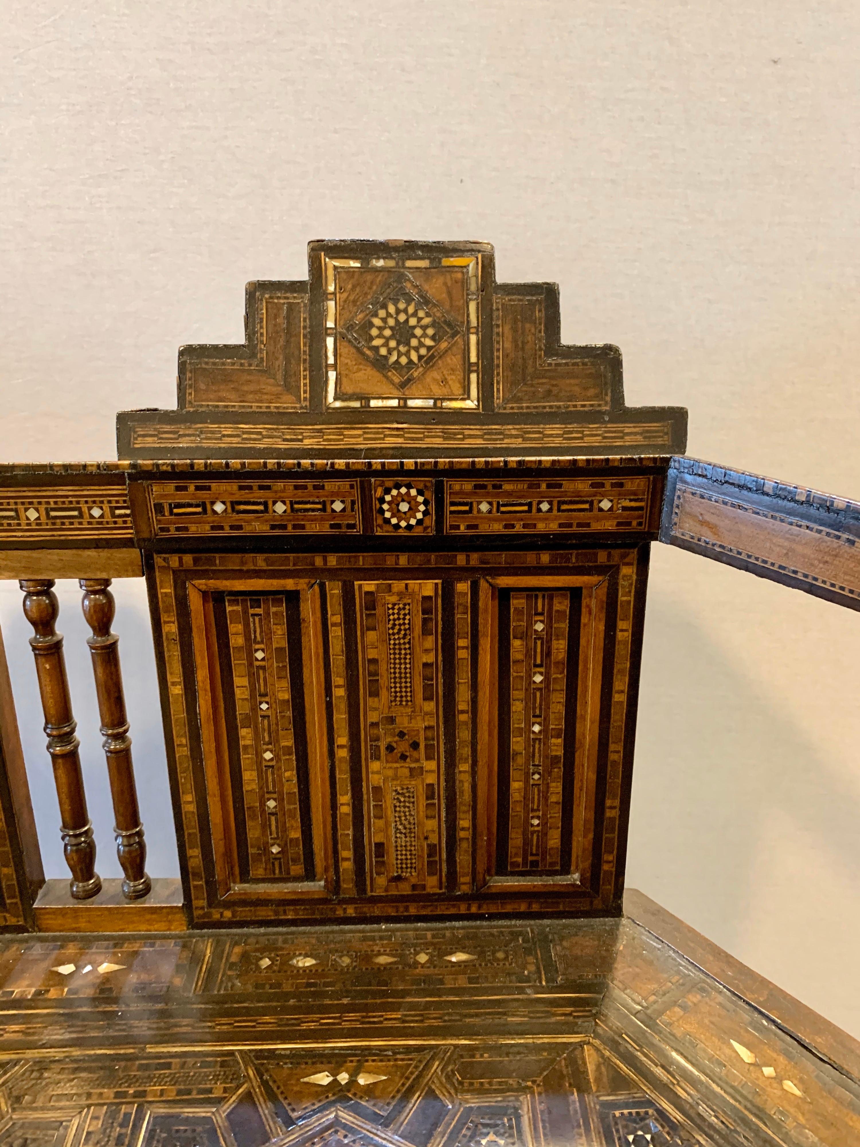 Moroccan Carved Bench Settee with Mother of Pearl Inlay 7