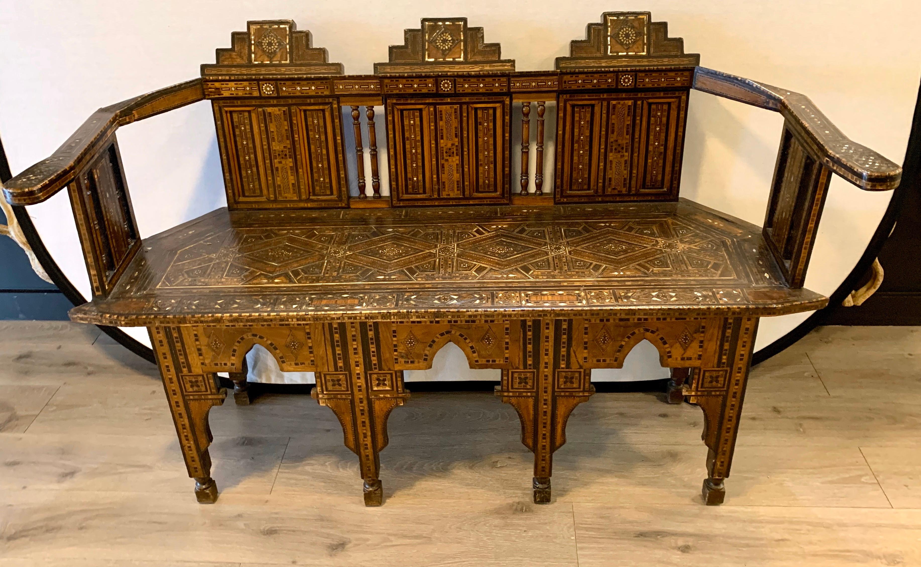 Moroccan Carved Bench Settee with Mother of Pearl Inlay 8