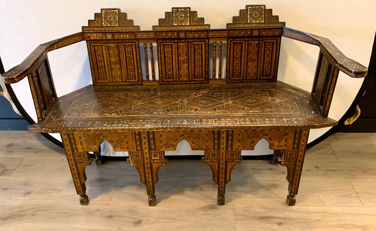 Moroccan Carved Bench Settee with Mother of Pearl Inlay For Sale 8