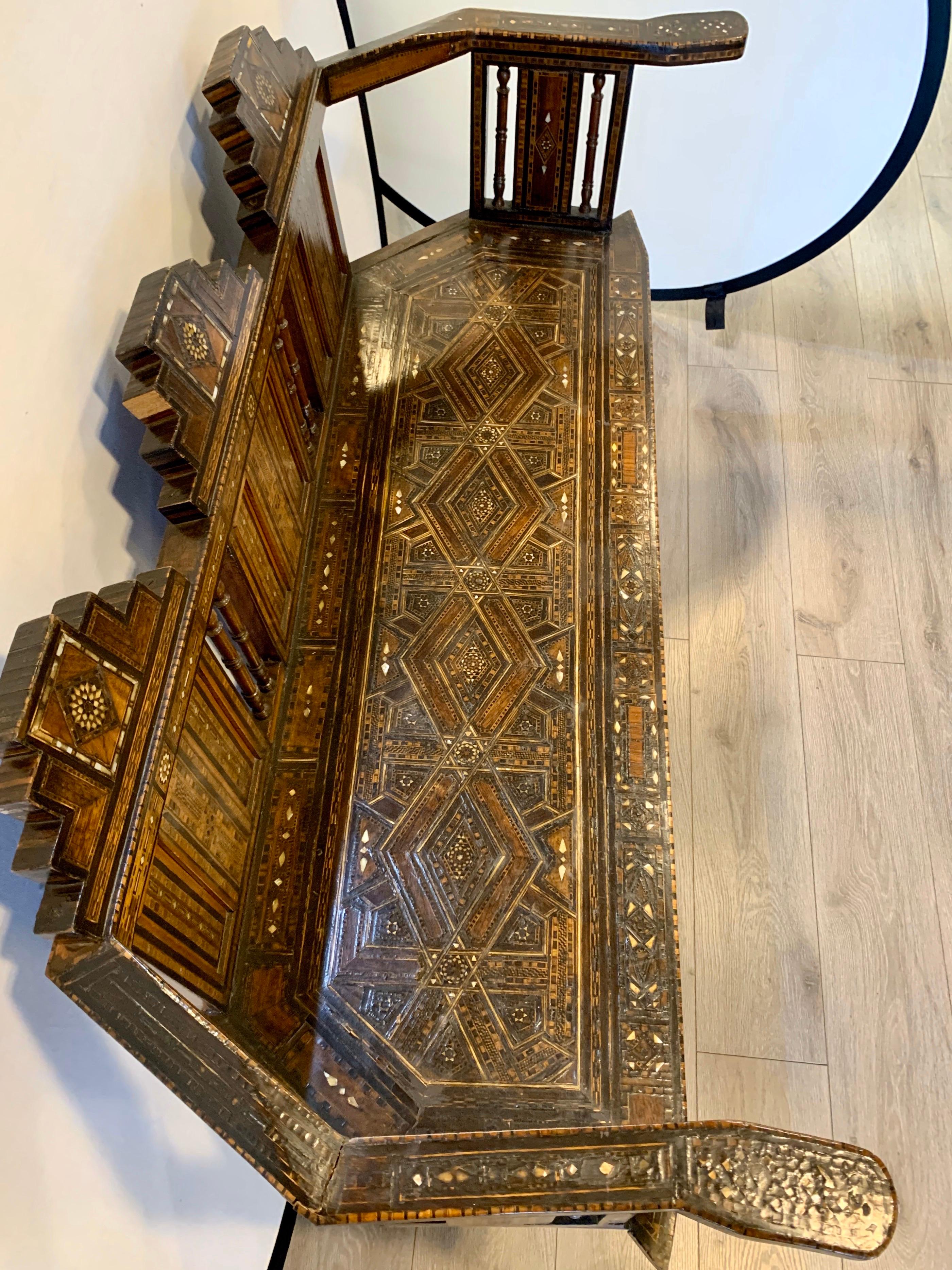 Moorish Moroccan Carved Bench Settee with Mother of Pearl Inlay
