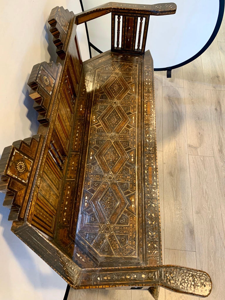 Moorish Moroccan Carved Bench Settee with Mother of Pearl Inlay For Sale