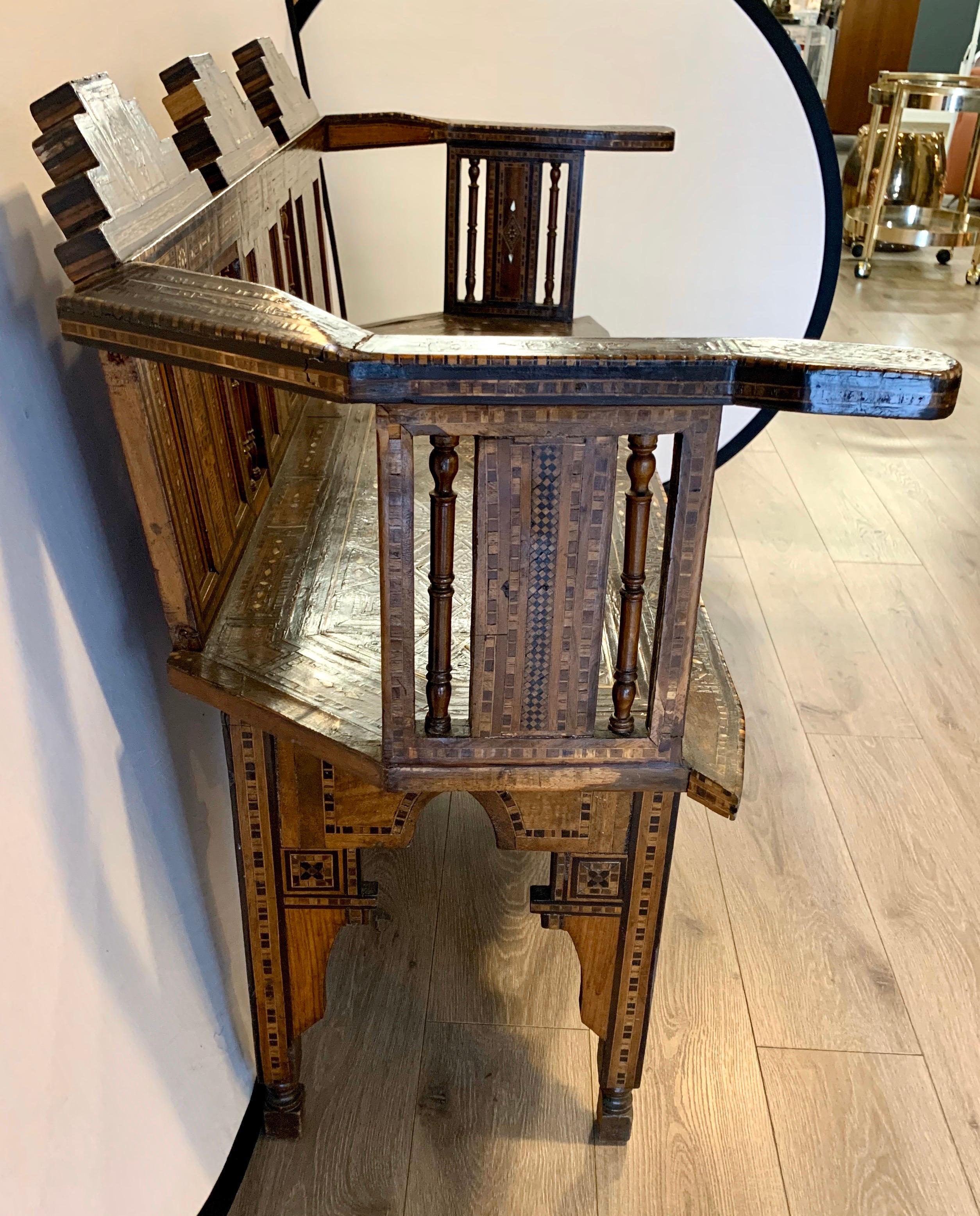 Moroccan Carved Bench Settee with Mother of Pearl Inlay In Fair Condition In West Hartford, CT