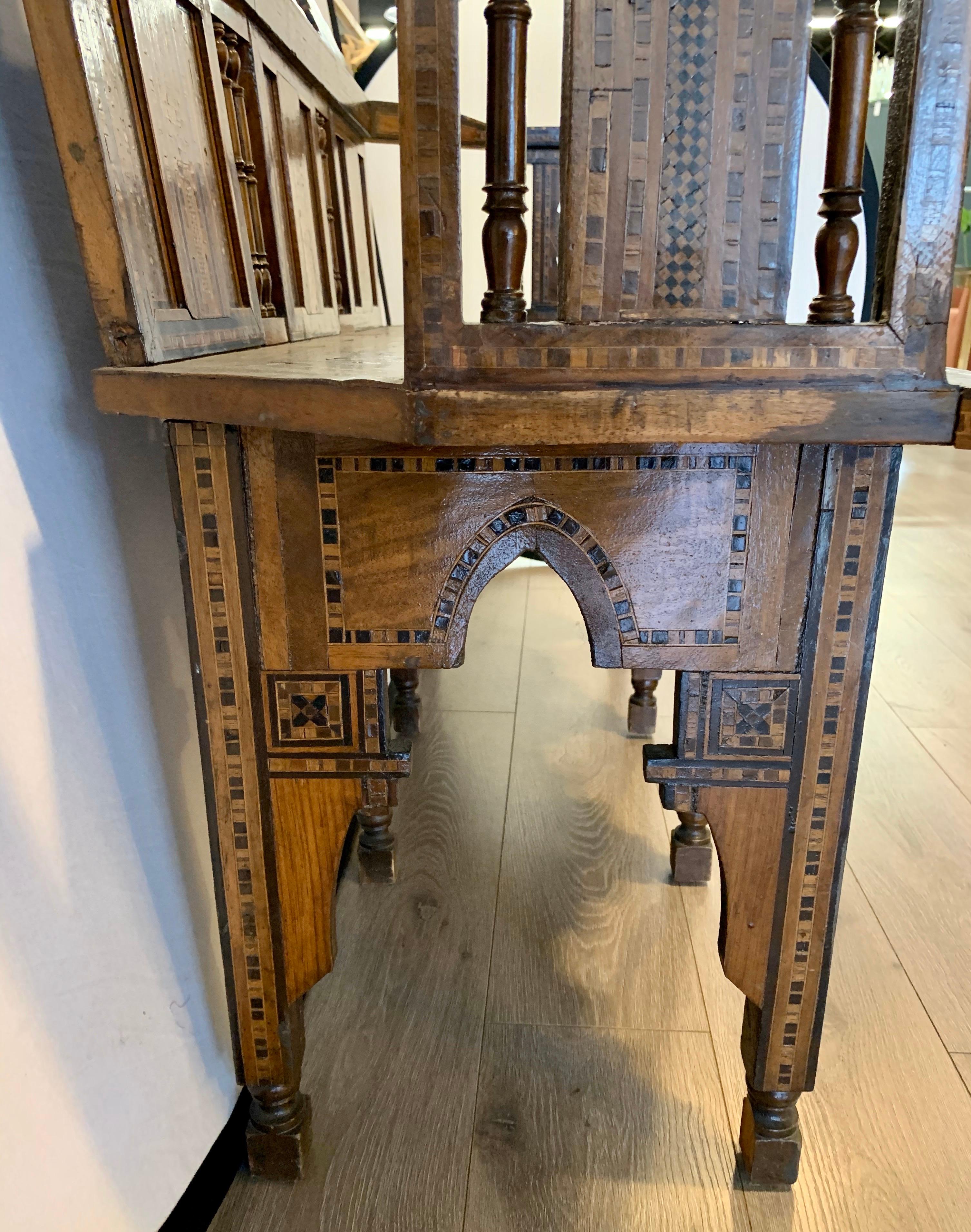 20th Century Moroccan Carved Bench Settee with Mother of Pearl Inlay