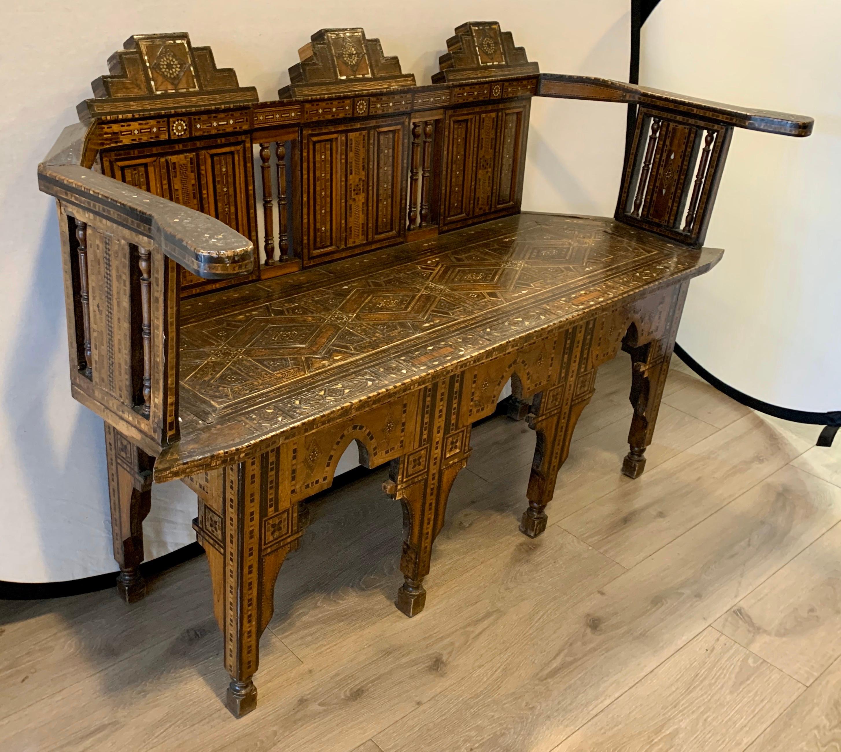 Mother-of-Pearl Moroccan Carved Bench Settee with Mother of Pearl Inlay