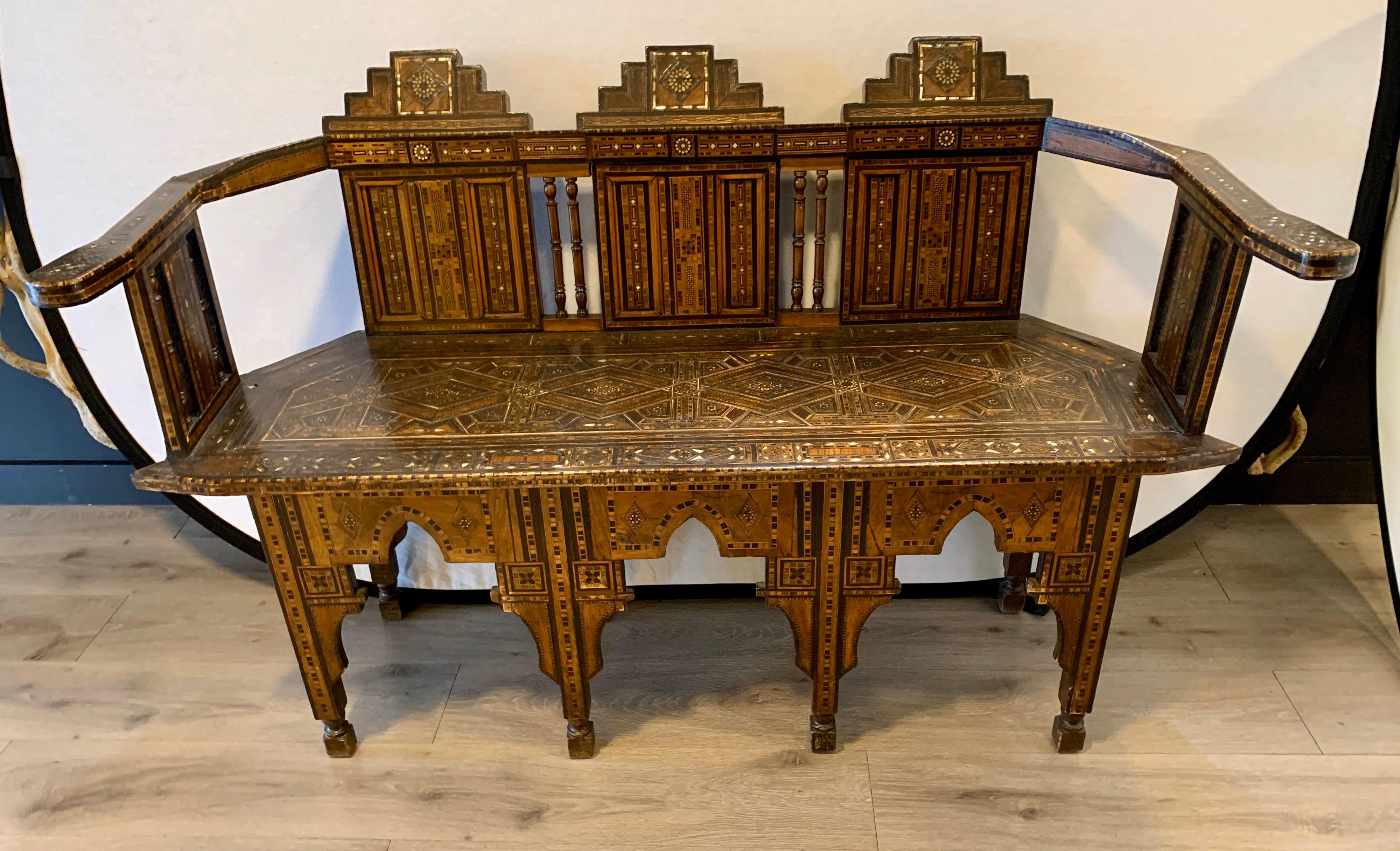 Moroccan Carved Bench Settee with Mother of Pearl Inlay 1