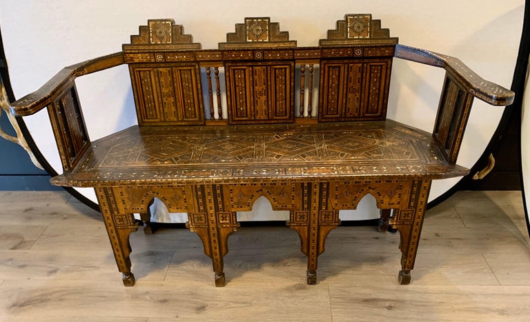 Moroccan Carved Bench Settee with Mother of Pearl Inlay For Sale 1