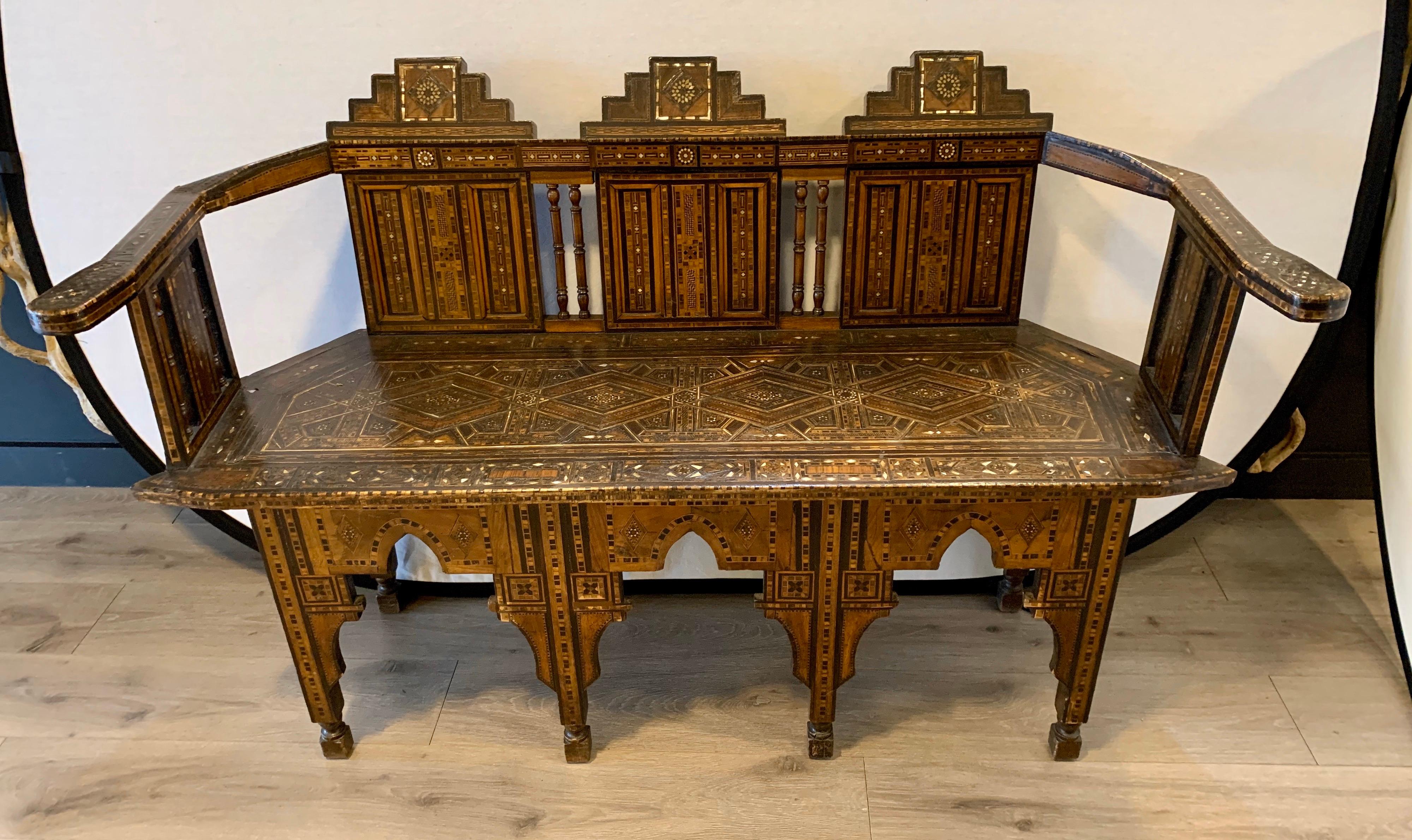 Moroccan Carved Bench Settee with Mother of Pearl Inlay 3