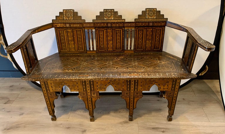 Moroccan Carved Bench Settee with Mother of Pearl Inlay For Sale 3
