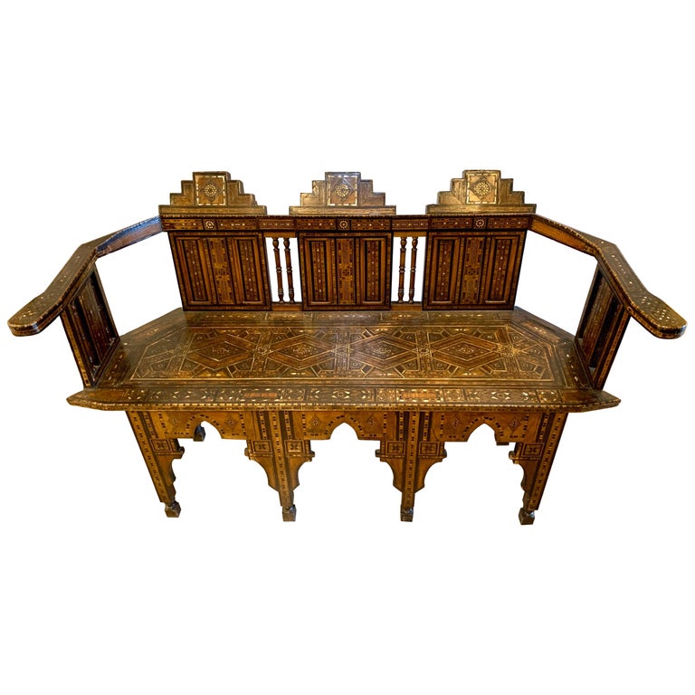Moroccan Carved Bench Settee with Mother of Pearl Inlay For Sale