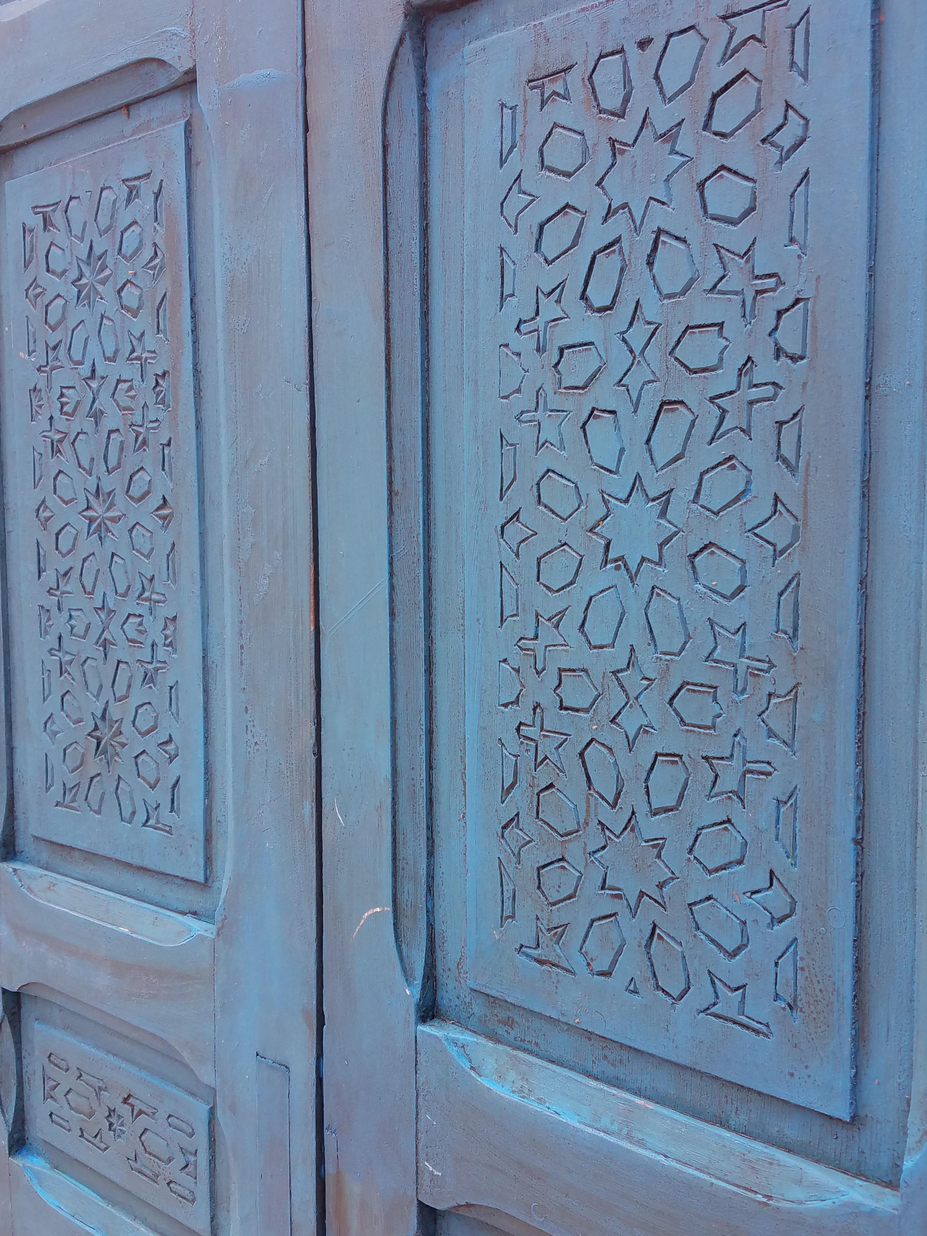 Late 20th Century Moroccan Carved Cedar Wood Door-Double Panel Turquoise For Sale