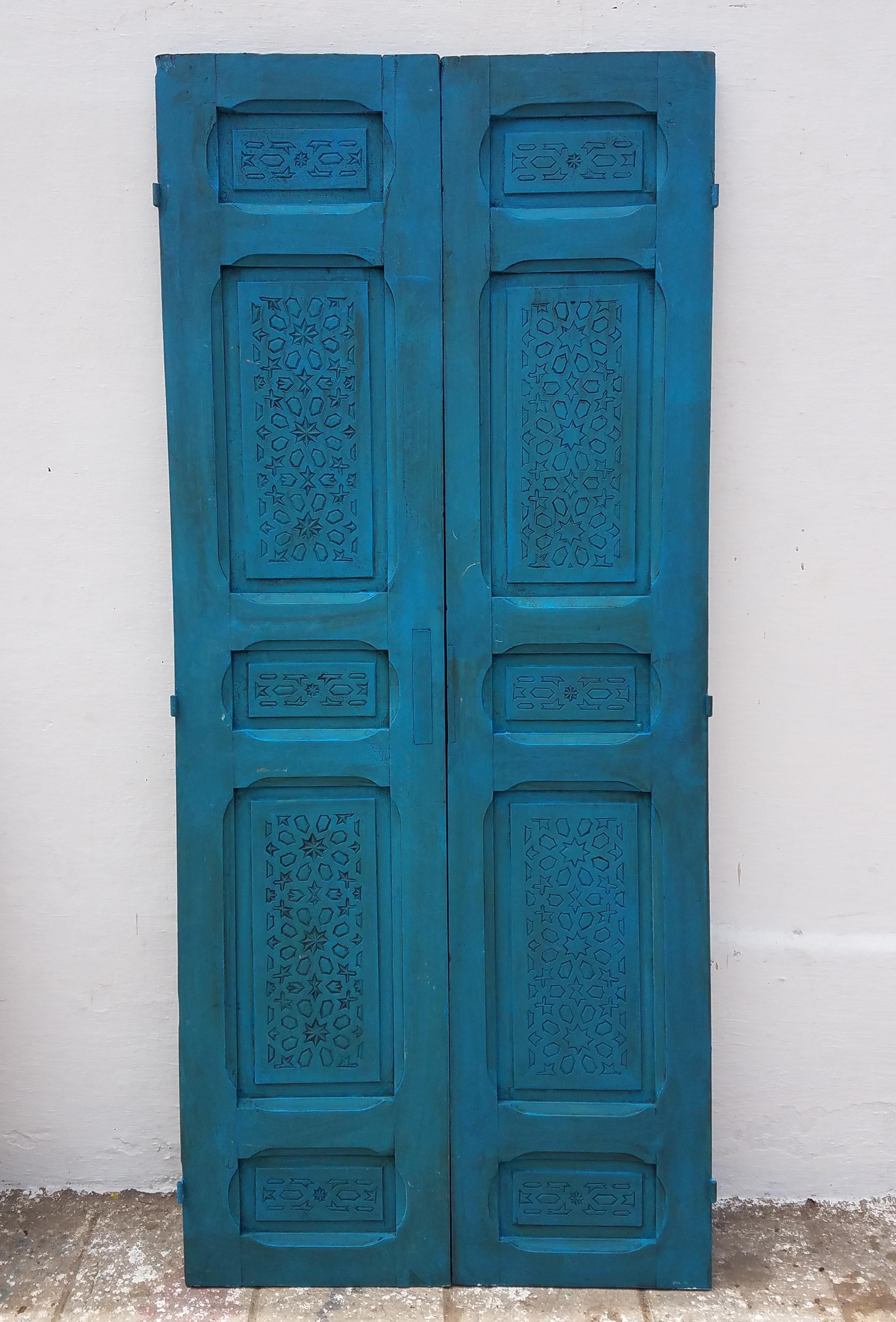 Moroccan Carved Cedar Wood Door-Double Panel Turquoise For Sale 1