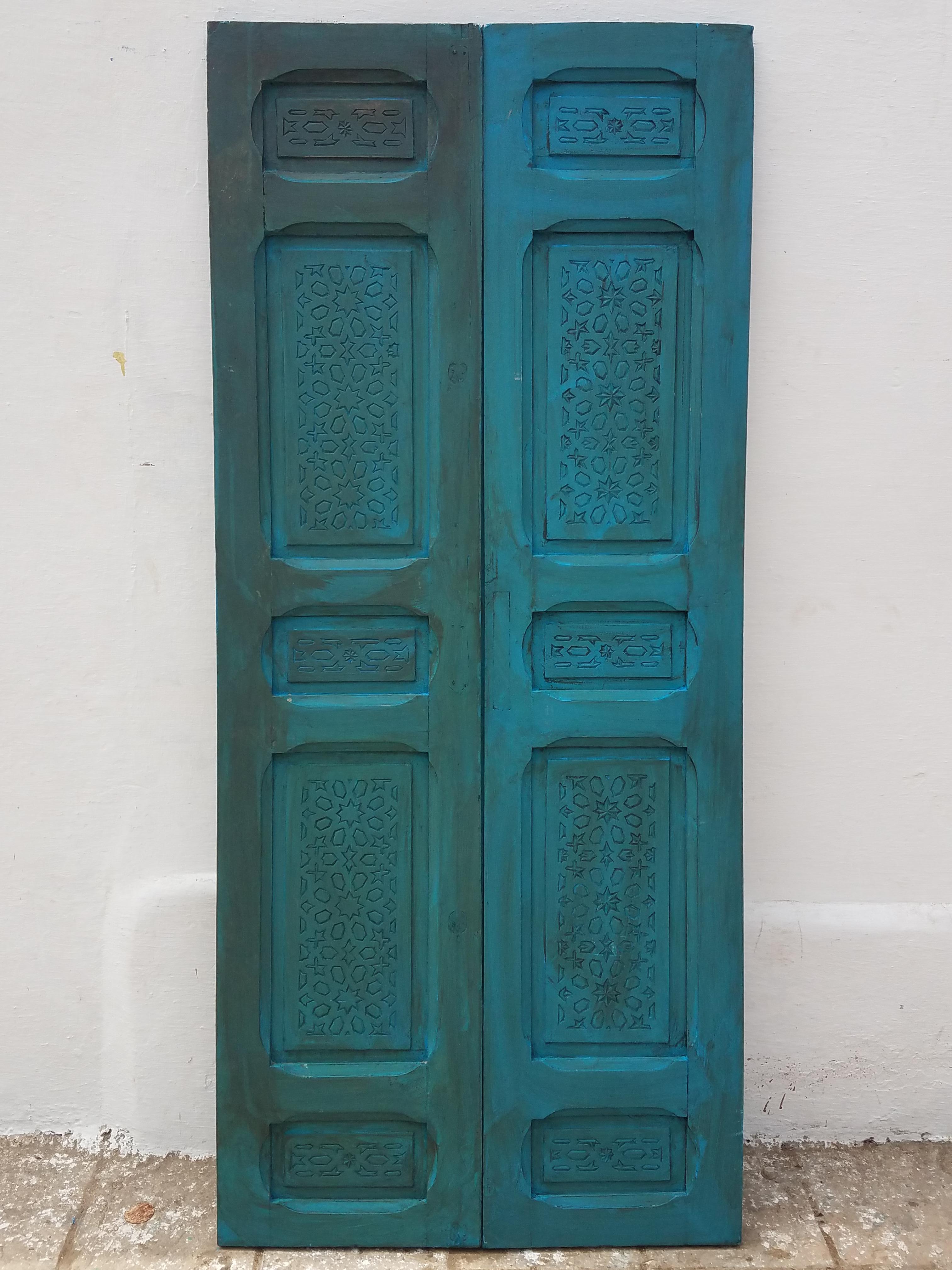 Moroccan Carved Cedar Wood Door-Double Panel Turquoise For Sale 2