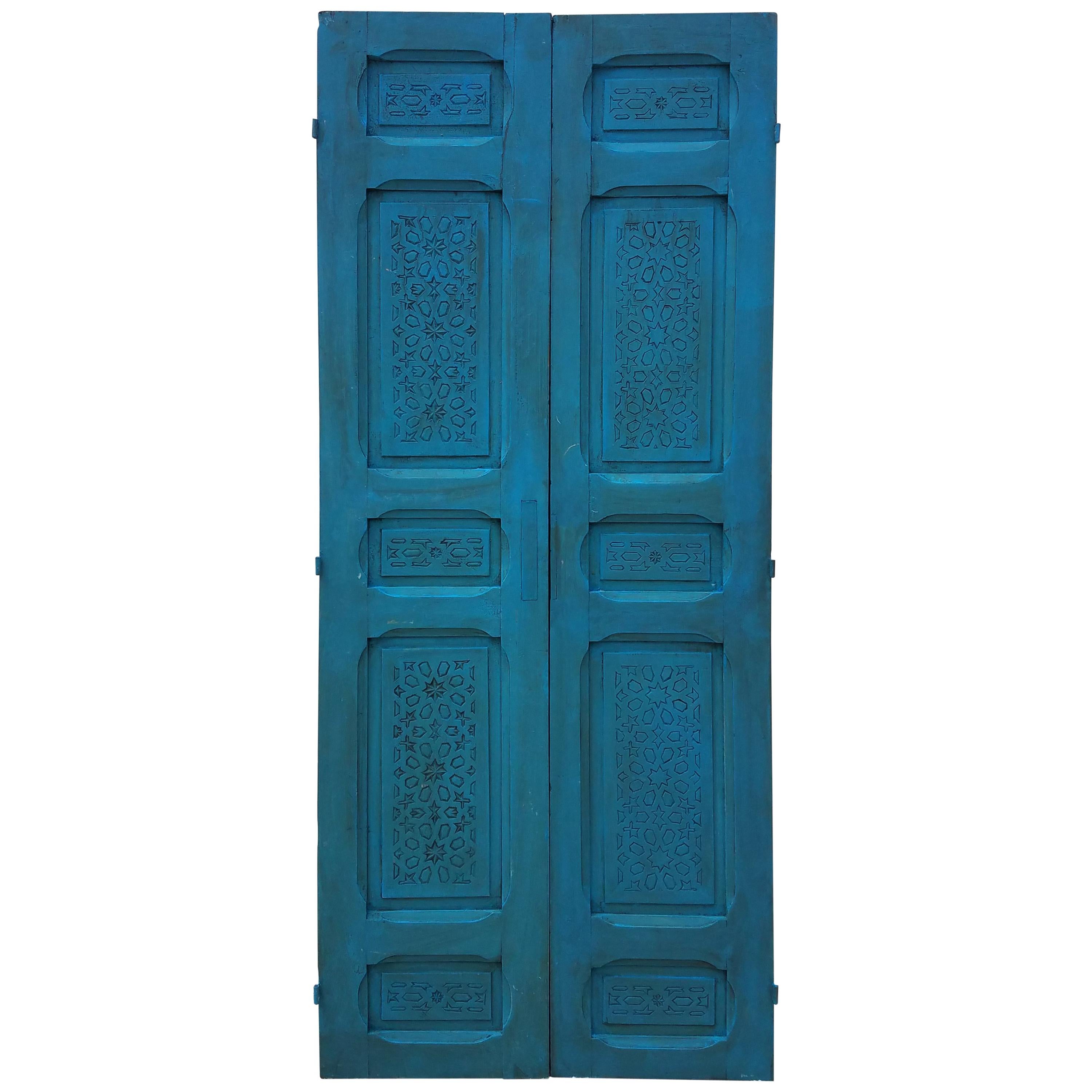 Moroccan Carved Cedar Wood Door-Double Panel Turquoise For Sale