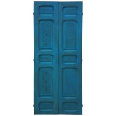 Vintage Moroccan Carved Cedar Wood Door-Double Panel Turquoise
